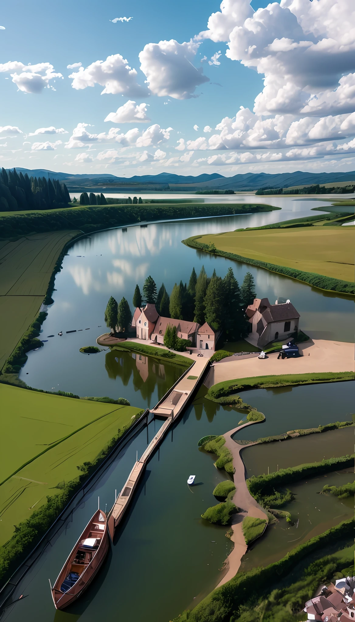 there is a boat that is sitting on the water in the middle of the field, detailed scenery —width 672, dhl yellow dhl van and the lake, color aerial photo drone, top - down photo, photograph from above, of a small village with a lake, 4k drone photography, a beautiful landscape, drone photography, top - down photograph