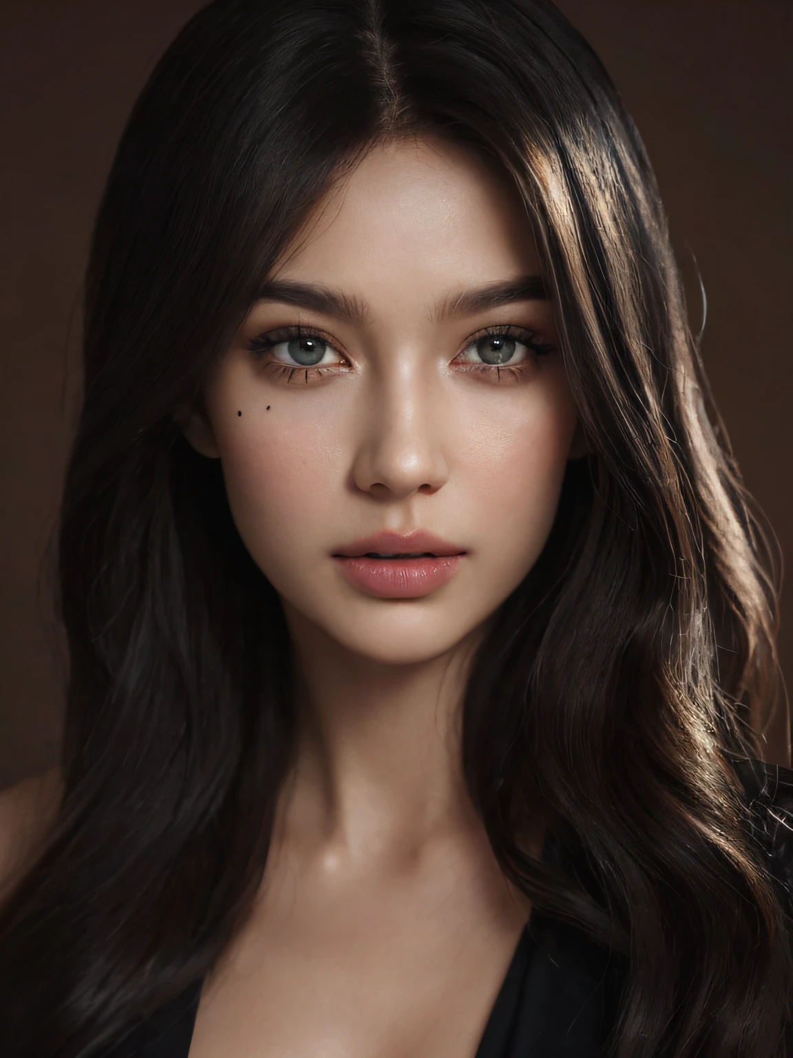 sexy face, 1 women, brown background, long curly hair, black hair, russian women, olive skin, black dress, unique makeup, high quality, masterpiece,ultra realistic,32k,extremely detailed CG unity 8k wallpaper, best quality, frontview, sexy, mole
