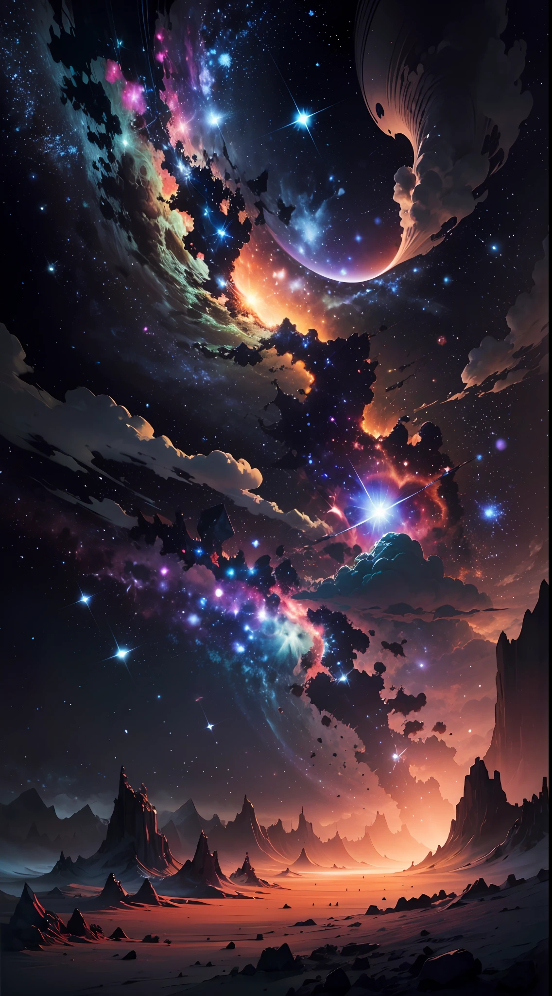 With ultra-clear detail picture quality, a magnificent starry sky scene is depicted. The main content is a nebula and stellar constellation at the center of the Milky Way, orbiting the planets and moons in the universe. The background environment is a vast and endless space with a mysterious and peaceful atmosphere. Light shines through the interweaving of nebulae and planets, creating soft halos and chiaroscuro. The composition adopts the golden section, which highlights the layered and balanced beauty of galaxies. The style references Miyazaki's dreamy colors and delicate brushstrokes to create an intoxicating starry world.