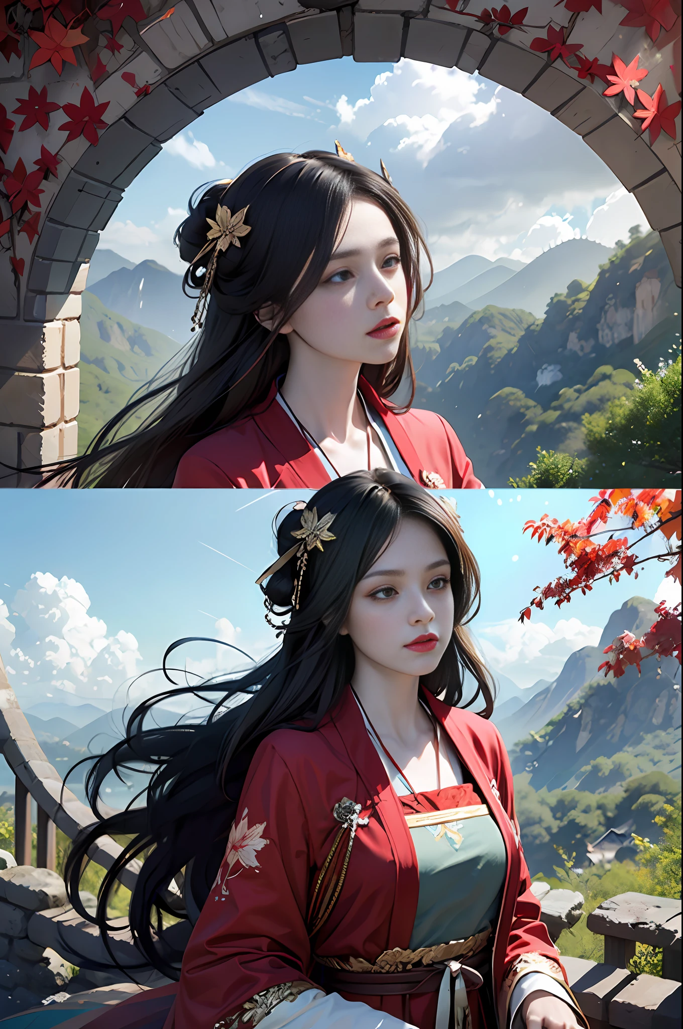 official art, Unity 8k wallpaper, super detailed, beautiful, beautiful, masterpiece, best quality, mystery, romanticism, horror, literature, art, fashion, Tang dynasty era, decoration, intricate, embroidery, red hanfu, red tulle coat, 1 girl, black hair, red headband, red hairpin, sad, fatalistic, bust composition, dramatic composition, movie lighting, dynamic perspective, full of temptation, red maple forest, maple leaves falling, red maple tree background, cloudy mist, dramatic composition,