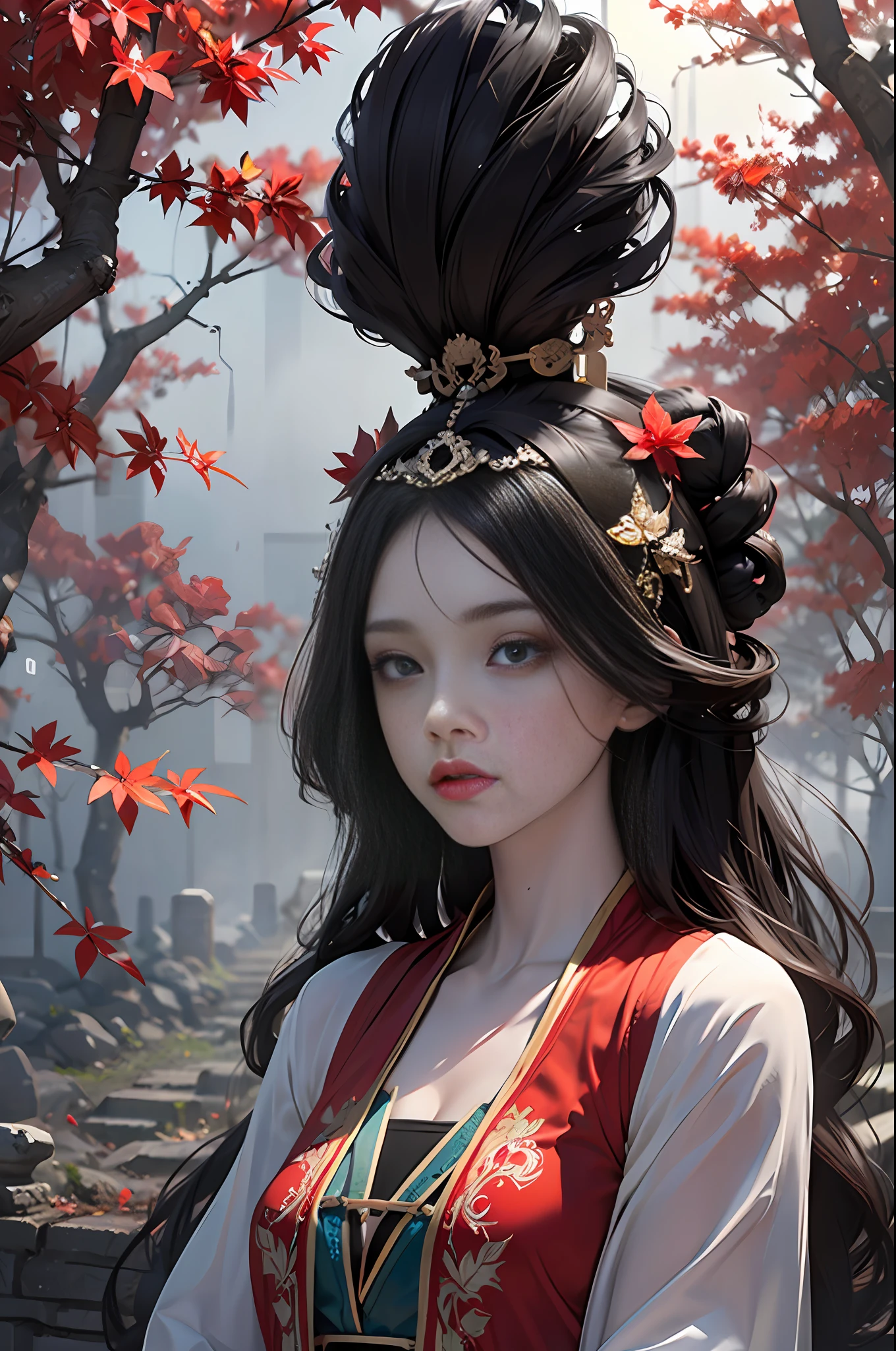 official art, Unity 8k wallpaper, super detailed, beautiful, beautiful, masterpiece, best quality, mystery, romanticism, horror, literature, art, fashion, Tang dynasty era, decoration, intricate, embroidery, red hanfu, red tulle coat, 1 girl, black hair, red headband, red hairpin, sad, fatalistic, bust composition, dramatic composition, movie lighting, dynamic perspective, full of temptation, red maple forest, maple leaves falling, red maple tree background, cloudy mist, dramatic composition,