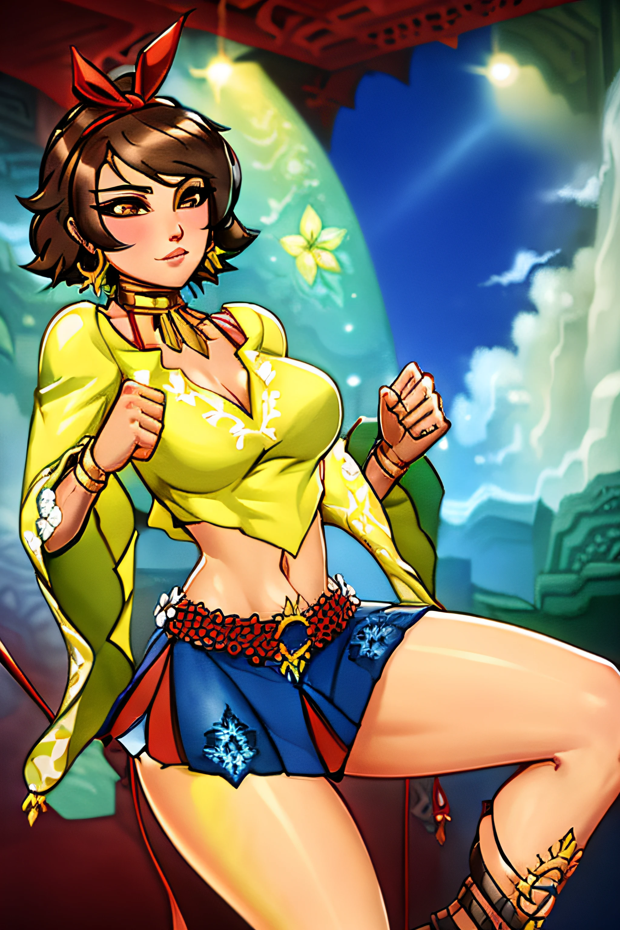 josie rizal, (short dark brown hair), (brown eyes), (slight young woman), (red ribbon hair accessory), {yellow, bell-sleeved, rounded v-neck midriff with a white floral design along the edge of the sleeves and neckline, and a red bikini top underneath}, {blue short shorts underneath the light blue skirt}, {light blue and red skirt with a red rope belt tied into flower-shaped knots}, {The belt meets at the front in a gold, sun-shaped buckle and have two white flowers at the hips designed after the "Sampaguita", the national flower of the Philippines, which is also the inspiration for the floral designs on her top}, {Her shoes are brown warrior sandals with sun designs at the knee and ankles}, {golden sun necklace, matching golden sun earrings, and golden bracelets on both of her wrists}, [retro anime art style], old anime, 1980s \(style\), 1990s \(style\), watercolor \(medium\), 1girl, (masterpiece, top quality, best quality, official art, beautiful and aesthetic:1.2), (1girl:1.3), (fractal art:1.3), solo,realistic full body portrait of josierz, illustration by Greg rutkowski, yoji shinkawa, (Cinmatic:0.4), looking at viewer, fighting stance, [retro anime art style], old anime, 1980s \(style\), 1990s \(style\), watercolor \(medium\), &lt;lora:carrot_mix:0.8&gt;, &lt;lora:Affix_Parapara_V1:0.7&gt; op quality, best quality, official art, ultra detailed texture, ultra detailed hands,