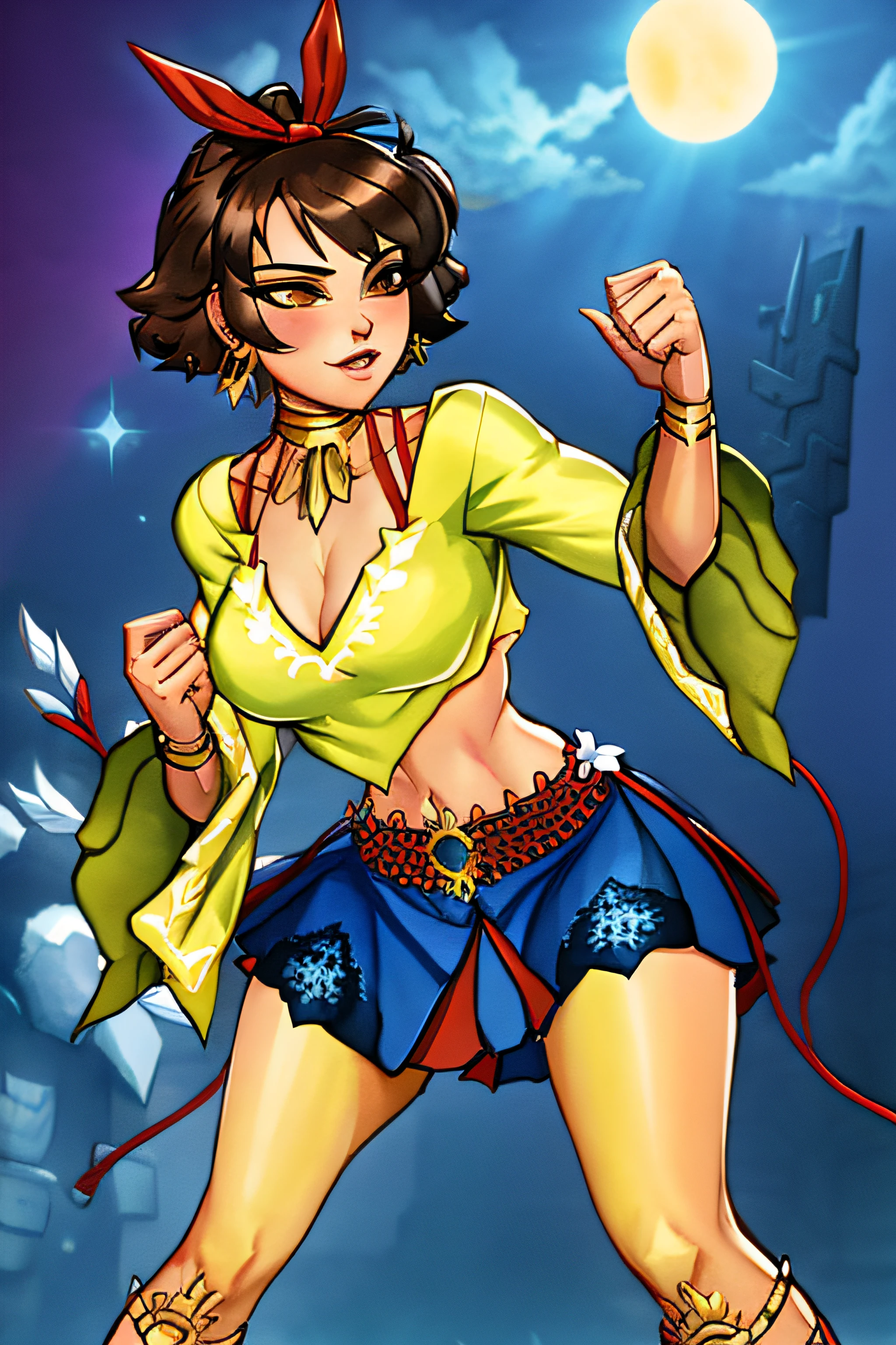 josie rizal, (short dark brown hair), (brown eyes), (slight young woman), (red ribbon hair accessory), {yellow, bell-sleeved, rounded v-neck midriff with a white floral design along the edge of the sleeves and neckline, and a red bikini top underneath}, {blue short shorts underneath the light blue skirt}, {light blue and red skirt with a red rope belt tied into flower-shaped knots}, {The belt meets at the front in a gold, sun-shaped buckle and have two white flowers at the hips designed after the "Sampaguita", the national flower of the Philippines, which is also the inspiration for the floral designs on her top}, {Her shoes are brown warrior sandals with sun designs at the knee and ankles}, {golden sun necklace, matching golden sun earrings, and golden bracelets on both of her wrists}, [retro anime art style], old anime, 1980s \(style\), 1990s \(style\), watercolor \(medium\), 1girl, (masterpiece, top quality, best quality, official art, beautiful and aesthetic:1.2), (1girl:1.3), (fractal art:1.3), solo,realistic full body portrait of josierz, illustration by Greg rutkowski, yoji shinkawa, (Cinmatic:0.4), looking at viewer, fighting stance, [retro anime art style], old anime, 1980s \(style\), 1990s \(style\), watercolor \(medium\), &lt;lora:carrot_mix:0.8&gt;, &lt;lora:Affix_Parapara_V1:0.7&gt; op quality, best quality, official art, ultra detailed texture, ultra detailed hands,