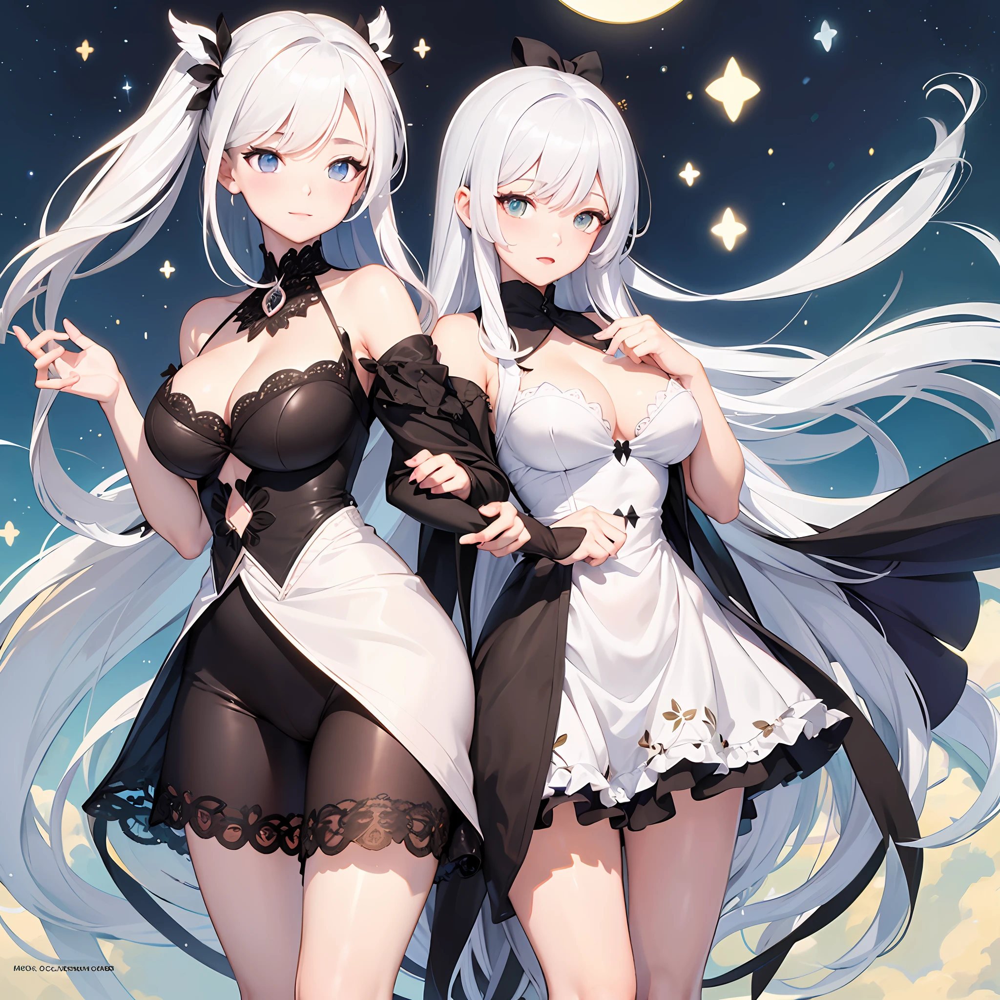 Two women in OL and stockings posing for photos, Guviz, Neil Otto Armata, two beautiful anime girls, white hair, white hair, white hair, 2b, 2 b, guwiz on pixiv art station, anime goddess, nil 2 b, clean detailed anime art, highest rated on pixiv, big breasts --auto