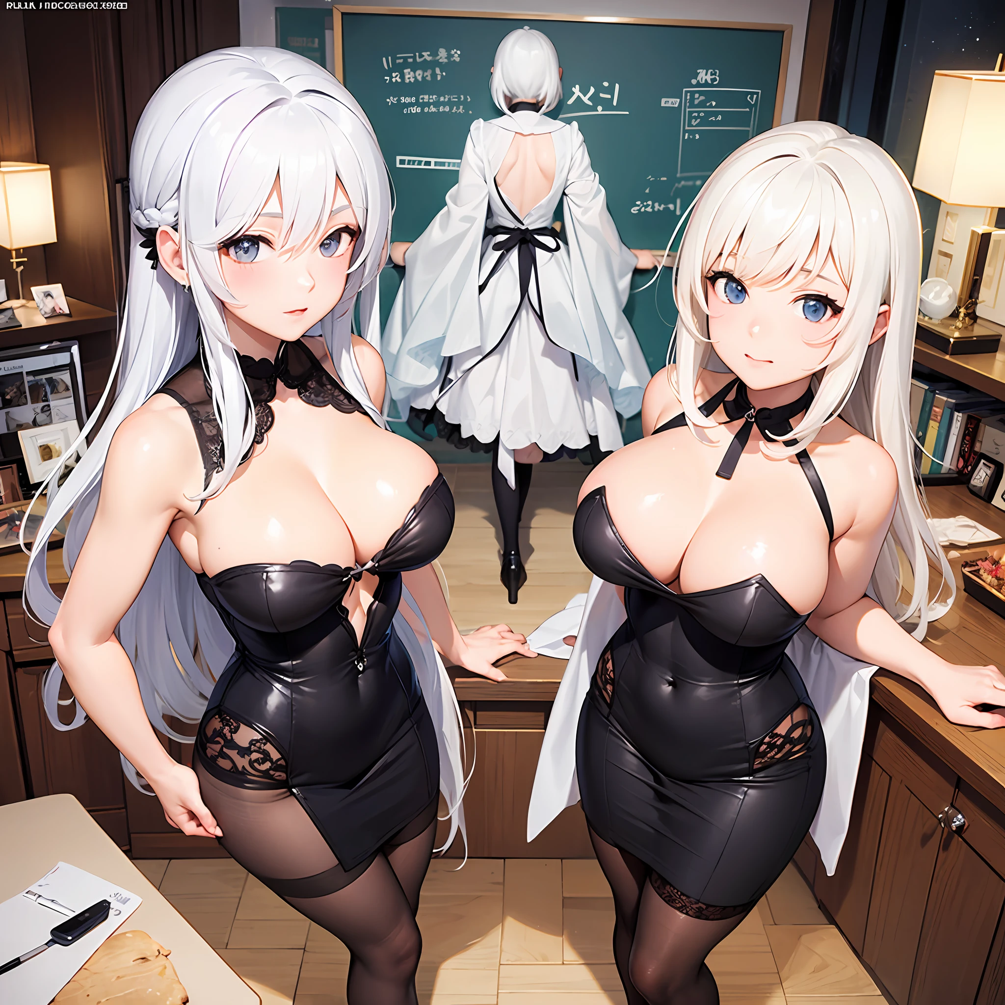 Two women in OL and stockings posing for photos, Guviz, Neil Otto Armata, two beautiful anime girls, white hair, white hair, white hair, 2b, 2 b, guwiz on pixiv art station, anime goddess, nil 2 b, clean detailed anime art, highest rated on pixiv, big breasts --auto