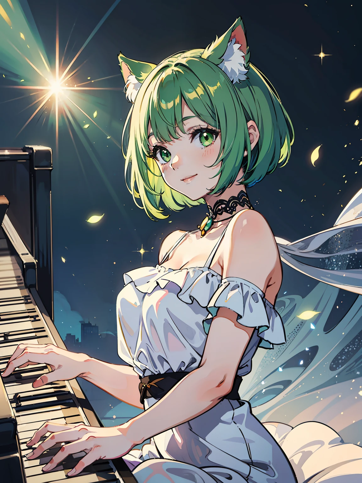 A smiling cat girl (short green bob hair, green eyes) is dressed in a white dress and sits in front of a piano and performs. Blue glowing notes rise from the piano keys, and many particles of light soar and shine, a fusion of mystical atmosphere and beautiful music, dynamic poses