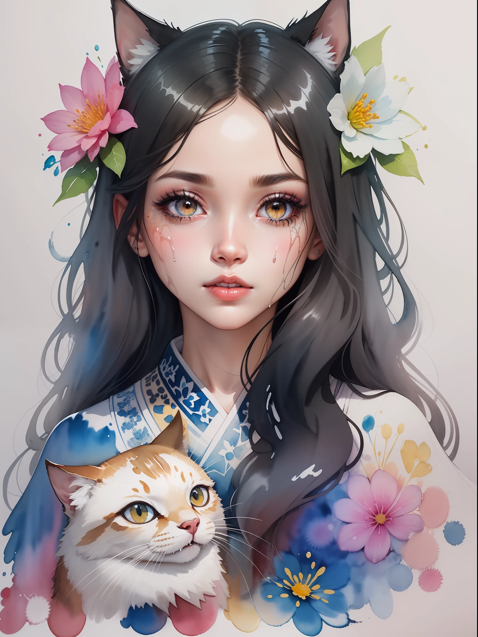(rough handmade sketch) Attractive, intricate and very detailed line art, watercolor illustration of female head with ornament made of flowers, holding a cat, floral kimono, tetradic color, colorful and highly detailed dark brown eyes, beautiful eyes, hazelnut colored eyes, black hair, glowing long hair, perfectly centered image, (white background with watercolor splash), Focus on face line, (((dripping watercolor)) ink contour, 32K, highest quality