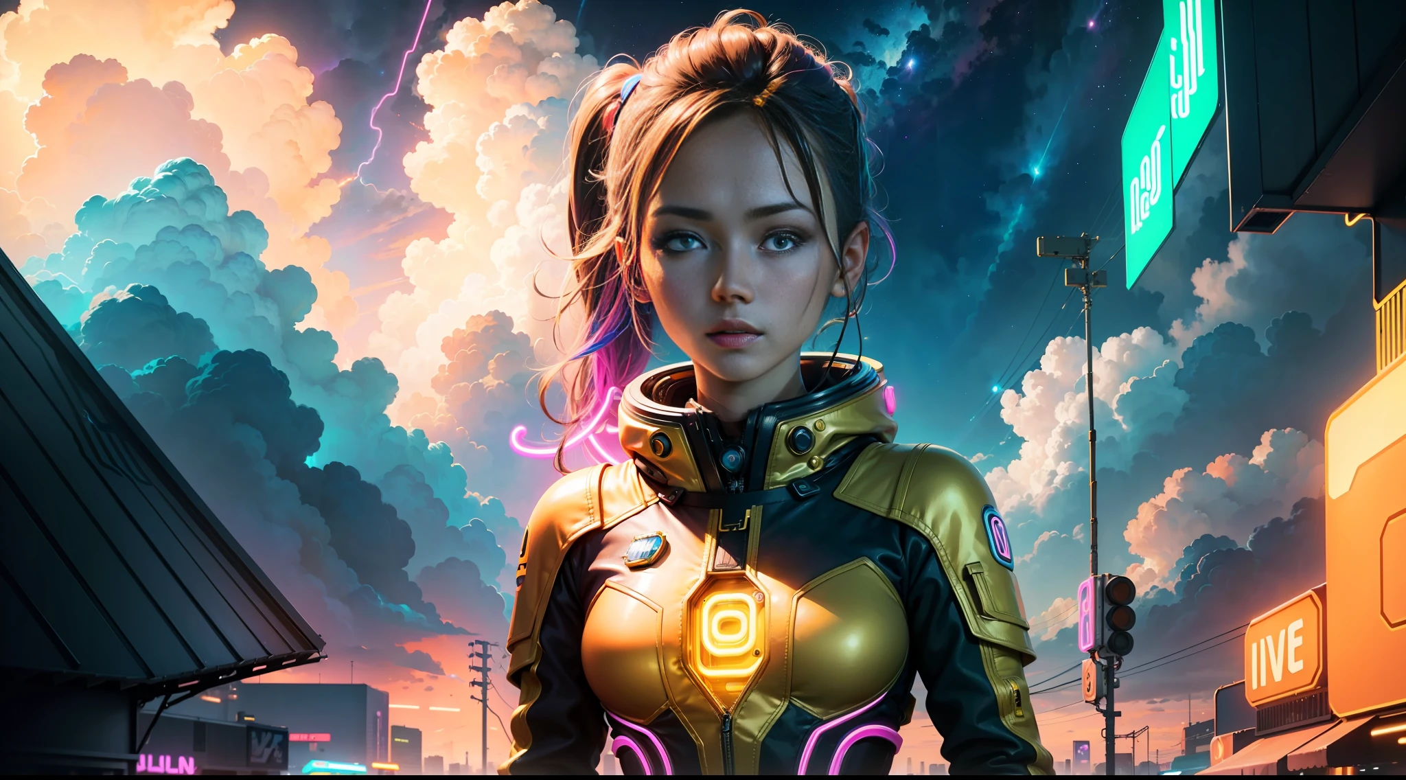 hd masterpiece, one standing woman space cadet looking at camera, detailed face, mid shot, golden suit, ((colorful clouds)) and (((neon lights))), jungles background