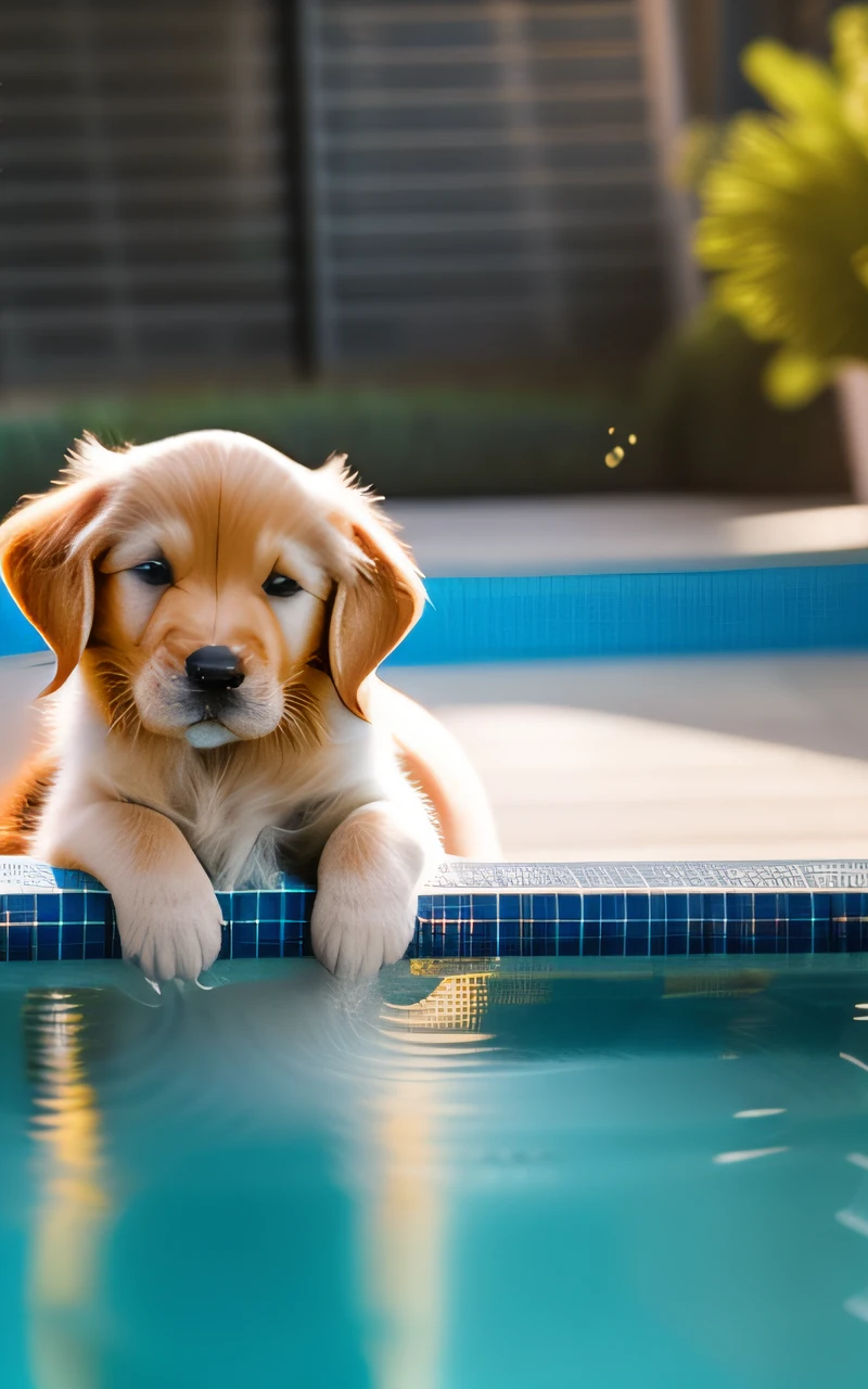 hyper Quality,Cute two Golden Retriever puppies,different body colors,swimming in the pool,barking,narrow eyes,smile,eos r3 28mm