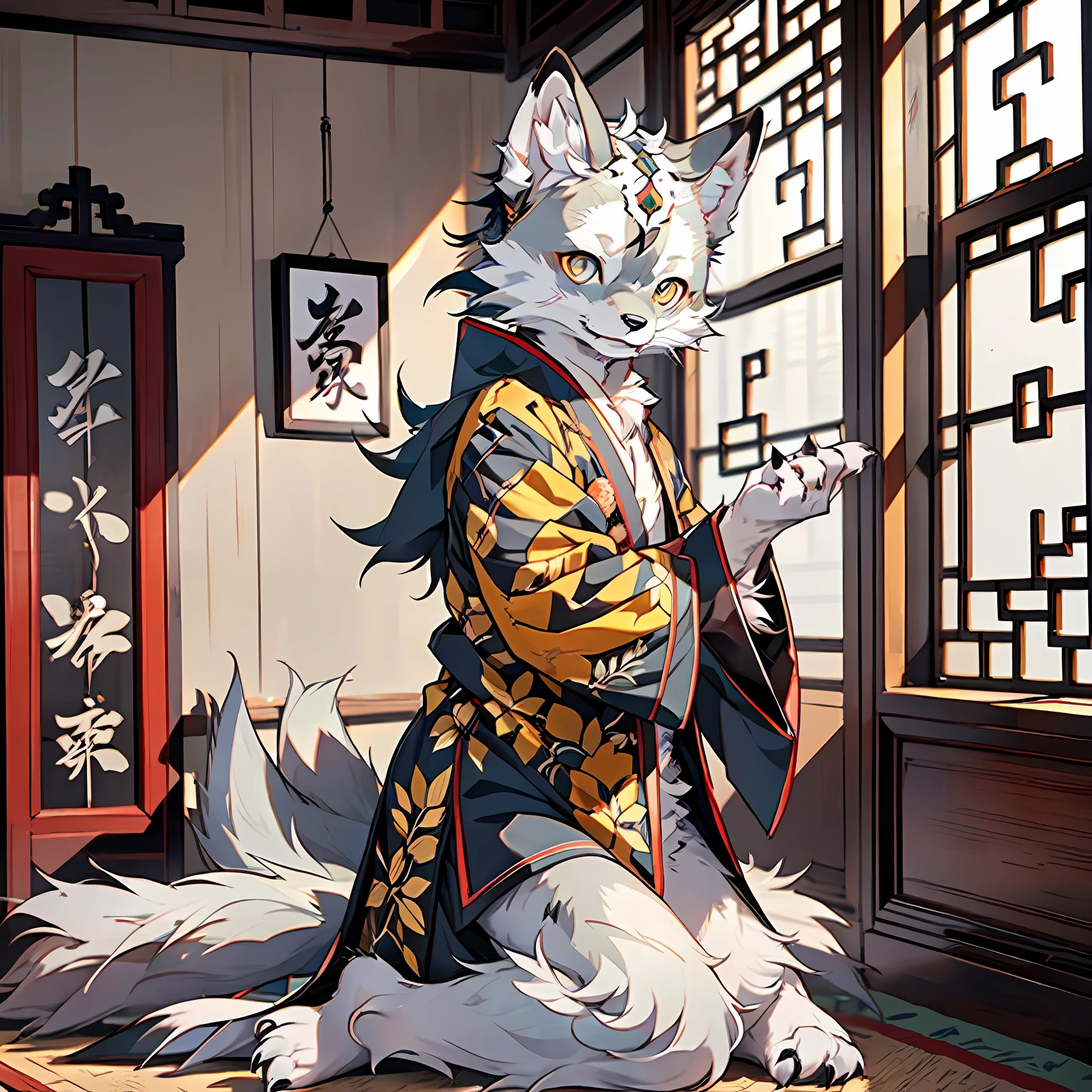 Masterpiece, high detail, super high quality, high resolution, 1080P, ((single)), furry, (male arctic fox: 1.5), (gray fur: 1.5), (gray skin: 1.5), gray ears, (golden eyes 1.5), ((gray canine paw)), detailed figures, (furry feeling of animal ears), sharp, kneeling on cushions, wearing traditional Chinese robes, in traditional Chinese rooms, natural lighting