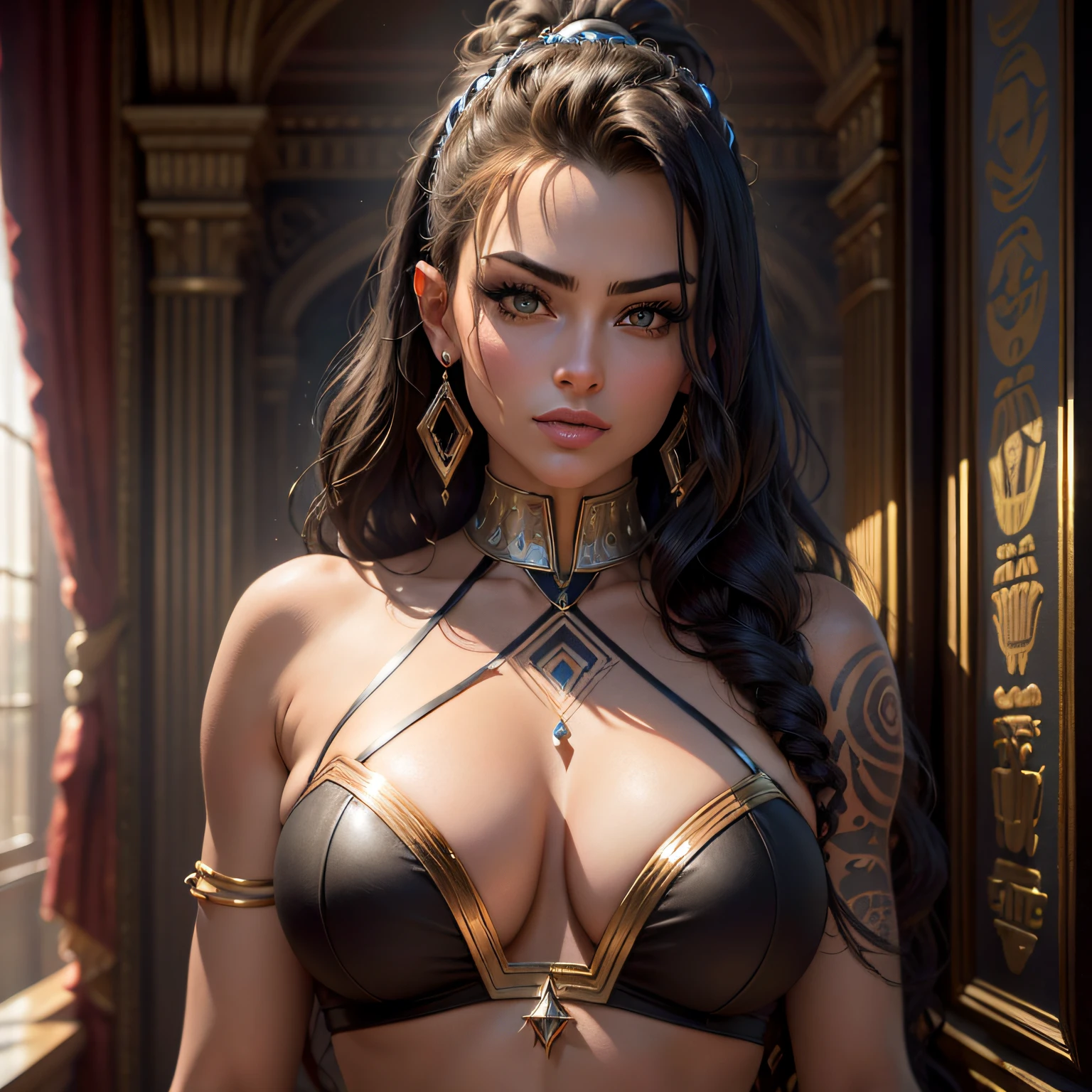 (extremely detailed wallpaper of the CG 8k unit), Egyptian woman (Carmen Electra), ultra detailed, perfect face, curly dark hair, in the royal hall, dark skin with a slight glow, twilight light slightly mind high, with Egyptian tattoo, mysterious look, and a slight smile on her face, (ultra detailed eyes).