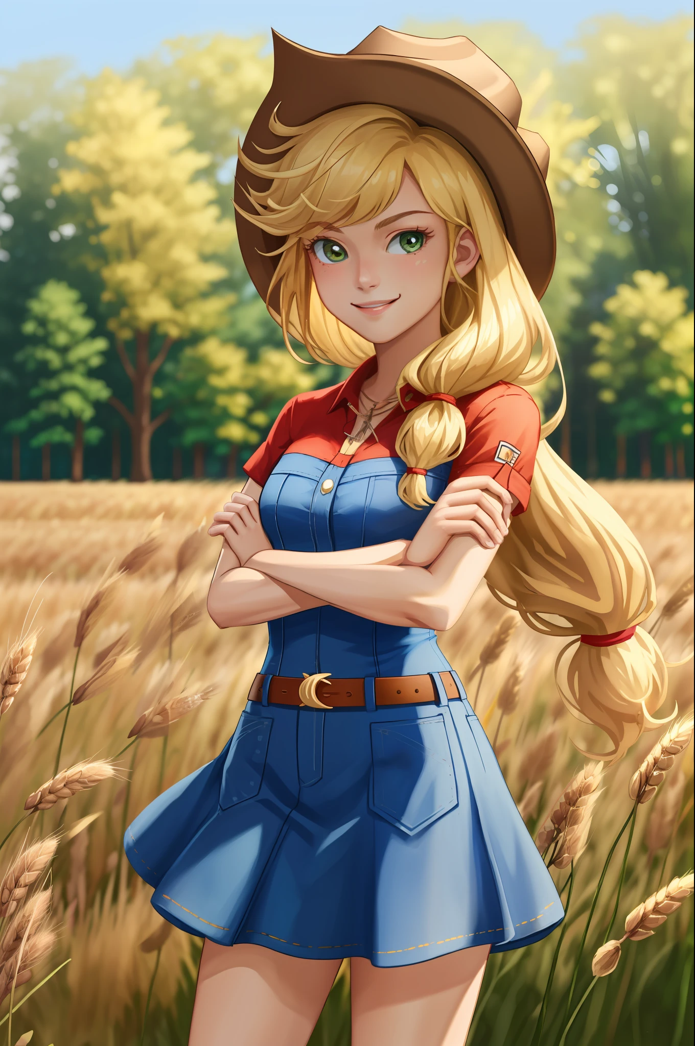 (masterpiece, best quality:1.2), cowboy shot, solo, 1girl, mlpapplejack, smile, looking at viewer, crossed arms, low-tied long hair, cowboy hat, shirt, short sleeves, denim skirt, wheat field