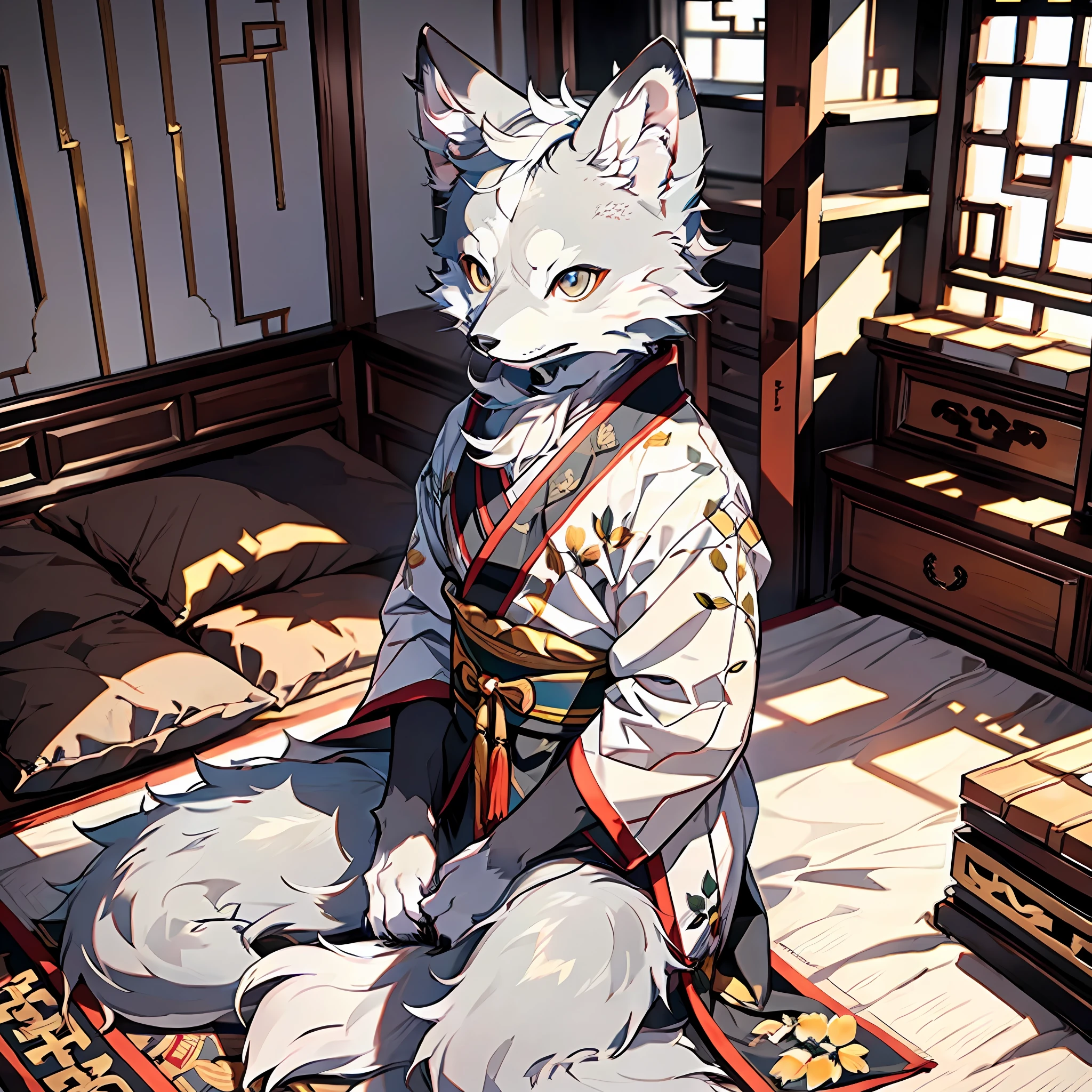 Masterpiece, high detail, super high quality, high resolution, 1080P, ((single)), furry, (male arctic fox: 1.5), (gray fur: 1.5), (gray skin: 1.5), gray ears, (golden eyes 1.5), ((gray canine paw)), detailed figures, (furry feeling of animal ears), sharp, kneeling on cushions, wearing traditional Chinese robes, in traditional Chinese rooms, natural lighting