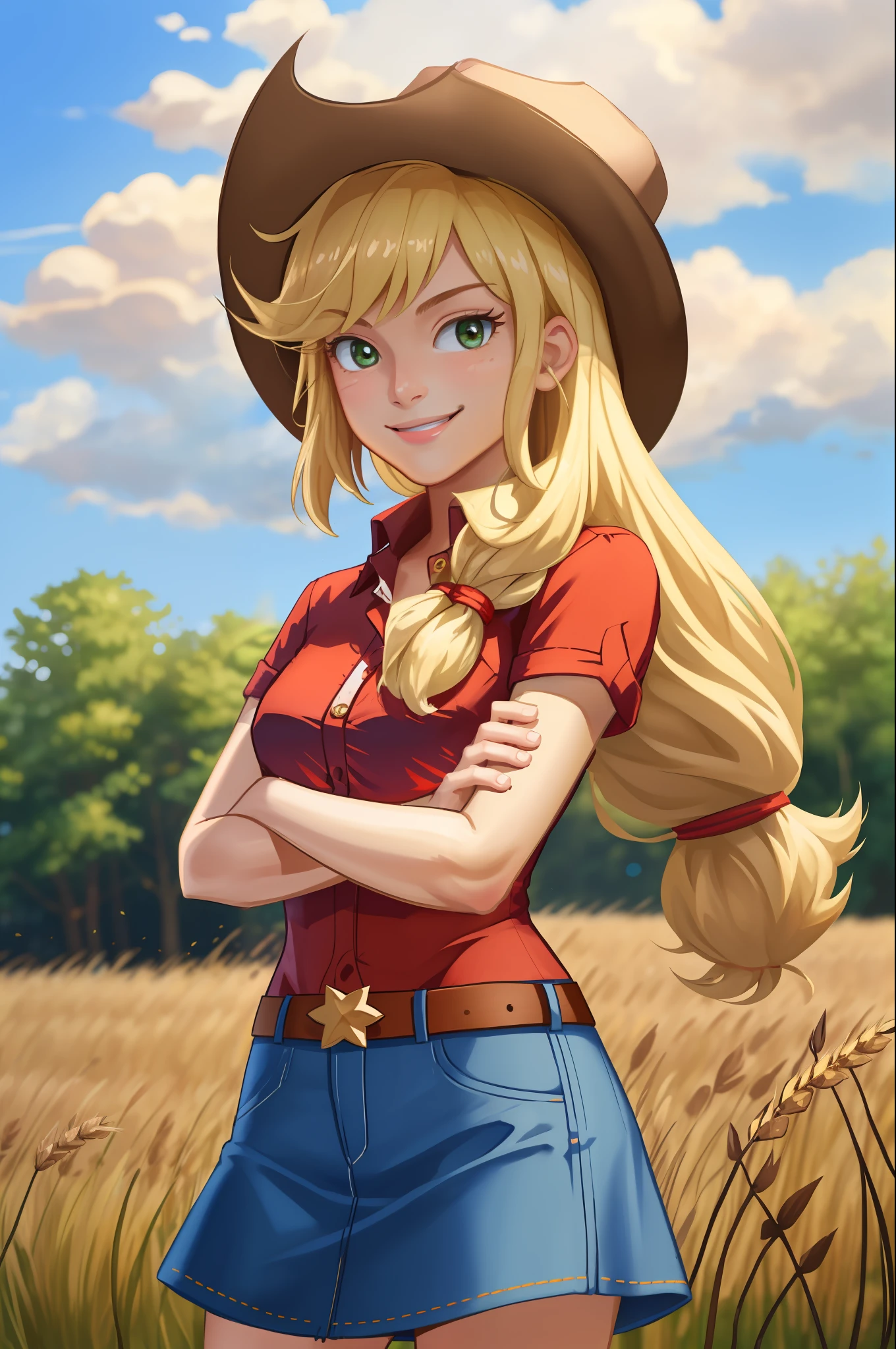 (masterpiece, best quality:1.2), cowboy shot, solo, 1girl, mlpapplejack, smile, looking at viewer, crossed arms, low-tied long hair, cowboy hat, shirt, short sleeves, denim skirt, wheat field