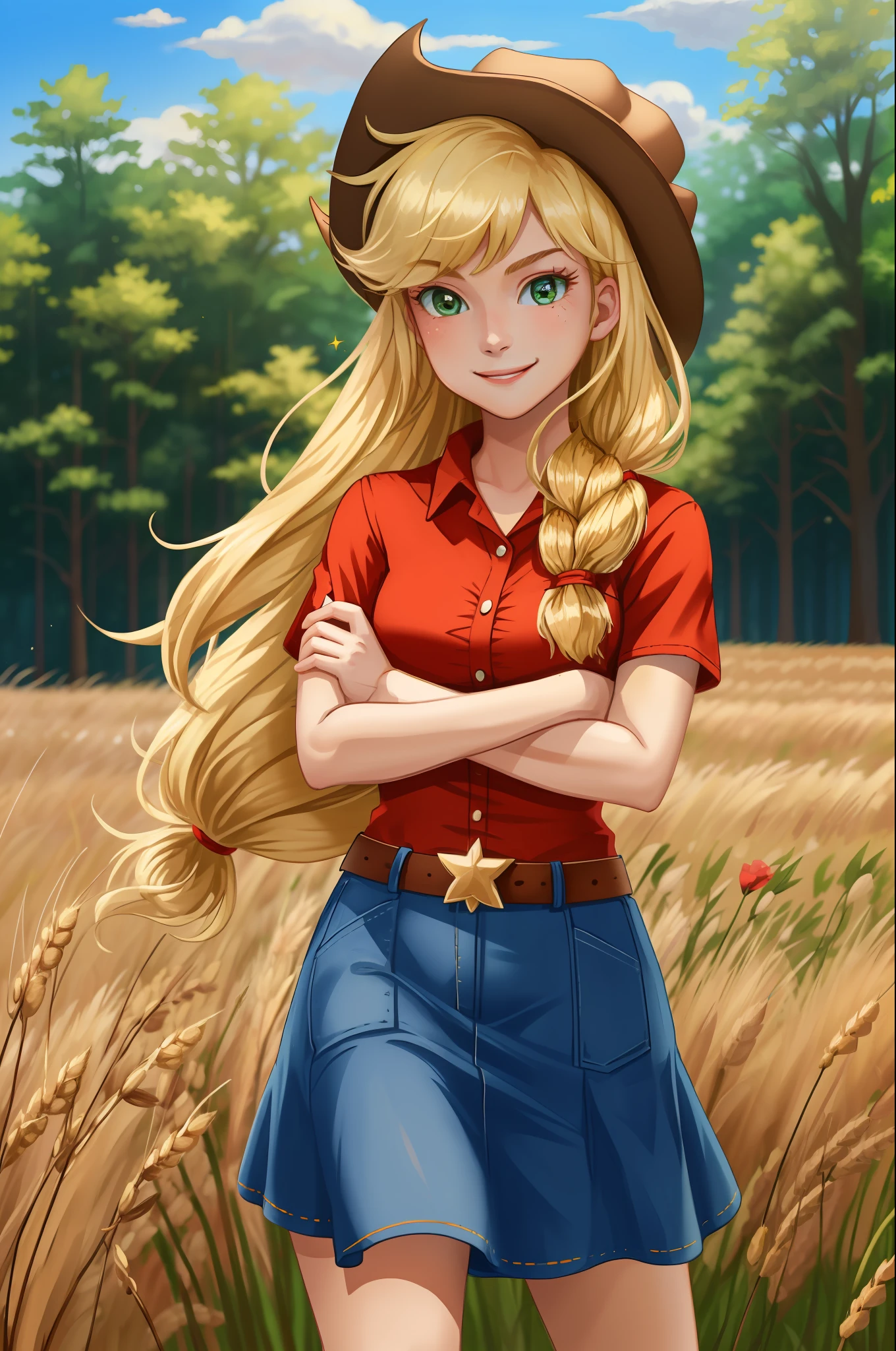 (masterpiece, best quality:1.2), cowboy shot, solo, 1girl, mlpapplejack, smile, looking at viewer, crossed arms, low-tied long hair, cowboy hat, shirt, short sleeves, denim skirt, wheat field