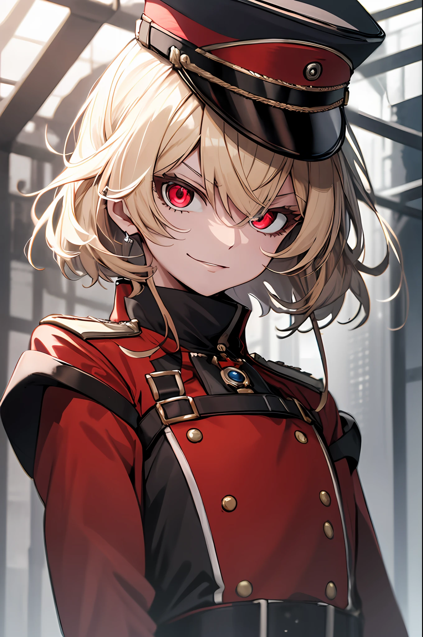 (masterpiece, best quality: 1.1), 1girl solo, tanya, 1girl, solo, petite, flat chest, small breasts, curvy, military, military uniform, , general hat, evil smile, wicked expression, anger, red eyes, neutral lighting