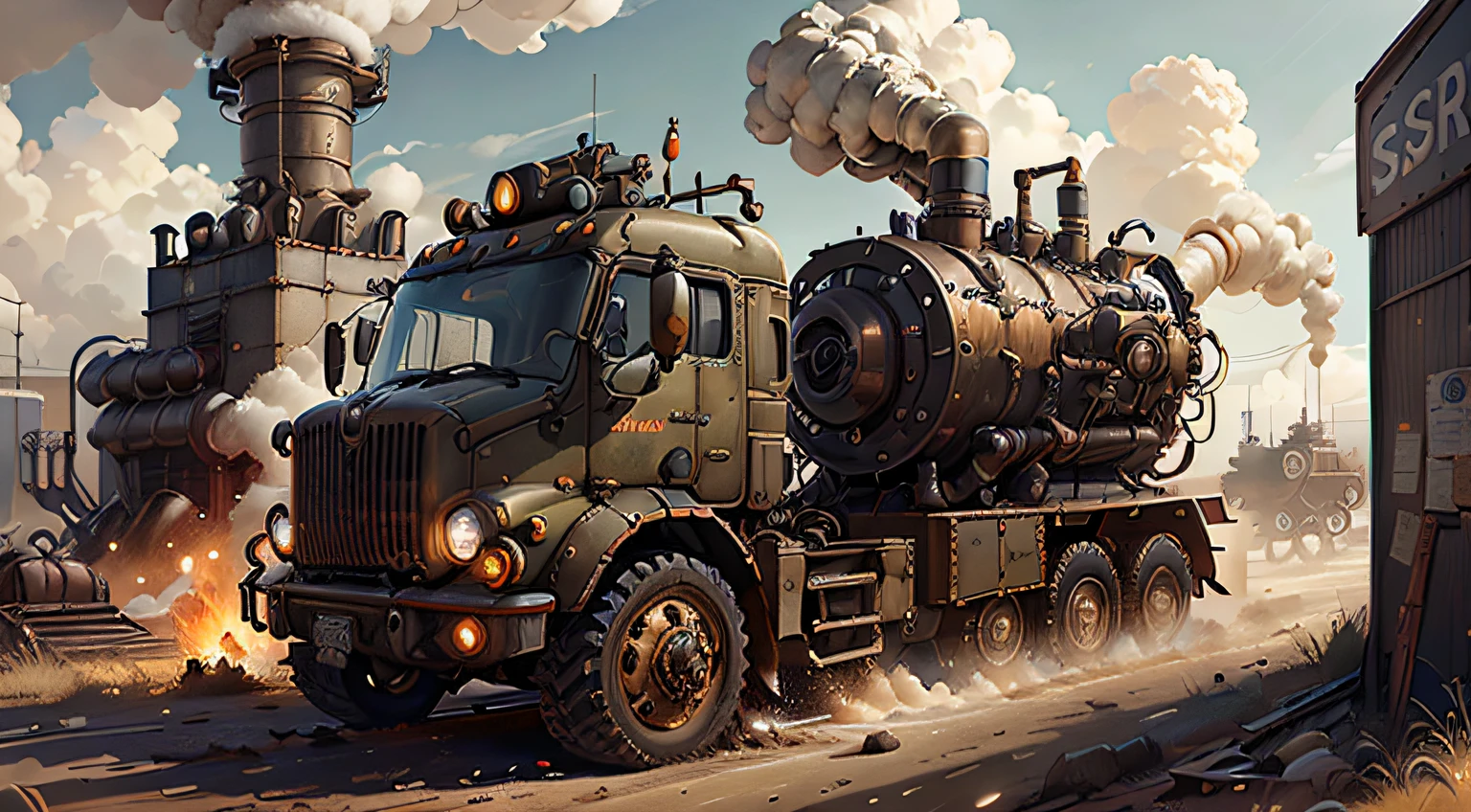 "AI-controlled Steampunk military truck in detailed industrial scenery, with dynamic lighting and stunning digital art."