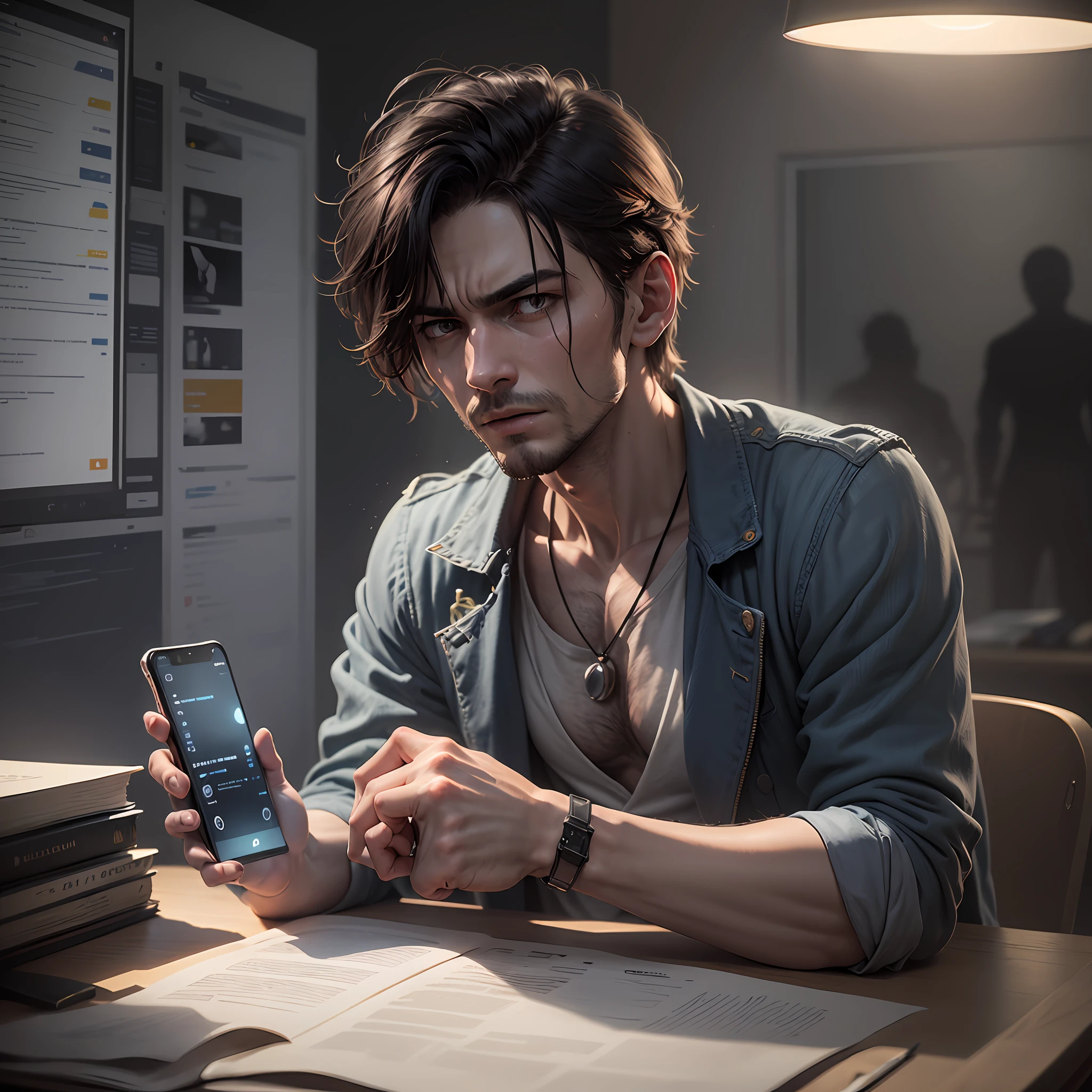 (A man holds a smartphone in his hand and the screen shows that $20 billion was transferred to the enemy who killed his father, while also voluntarily taking on his huge debt: 1.9)
(Sitting at a desk: 1.8)
(Smartphone with sleek design and large screen: 1.8)
(Determined and vengeful expression on face: 1.8)
(In a dimly lit room with a dark and ominous atmosphere: 1.9)
(Masterpiece: 1.5) --auto --s2