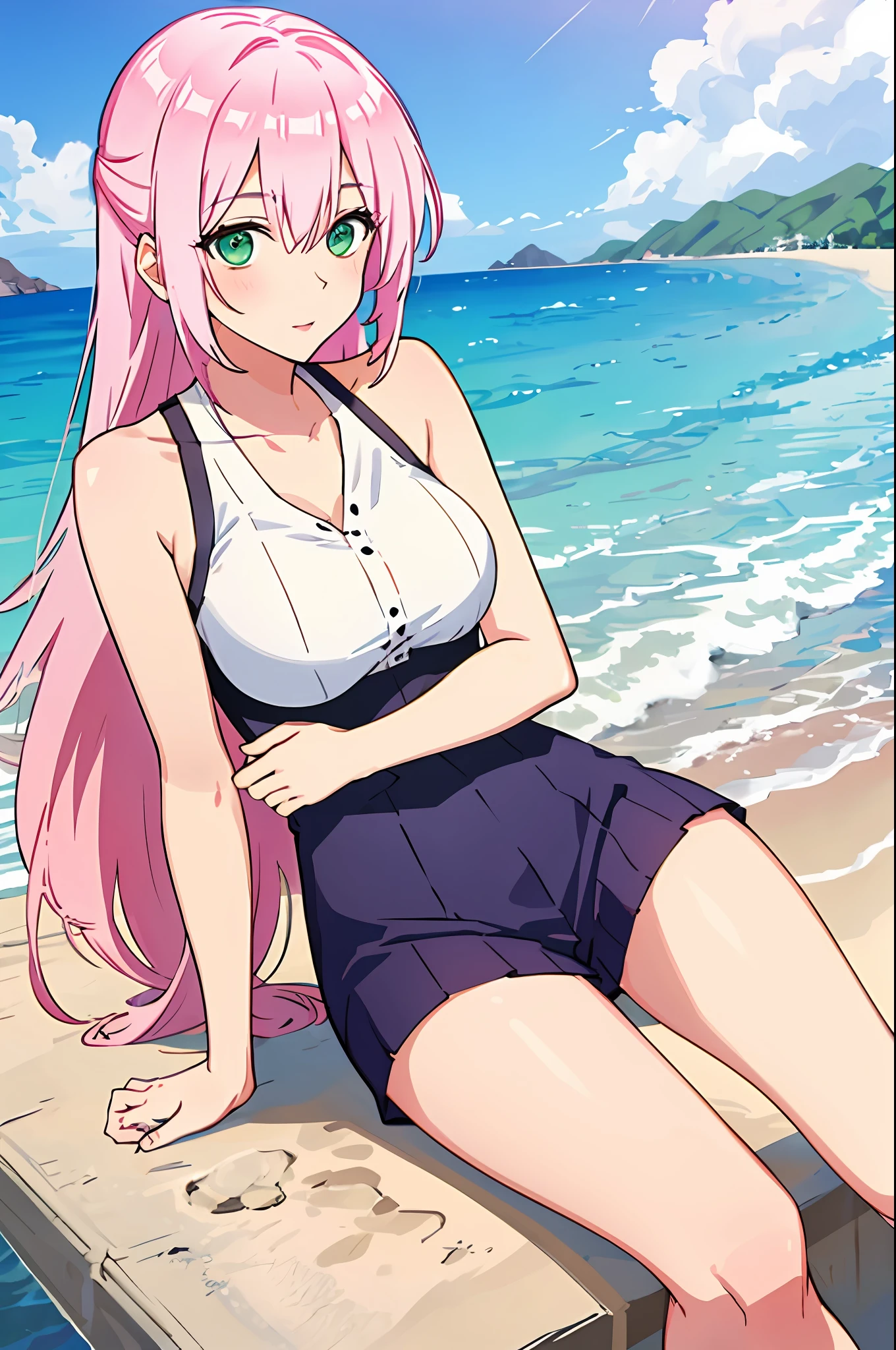 shikimori, medium breast, slim legs, sunny day, Beach, leaning, beautiful eyes, green eyes, nervous