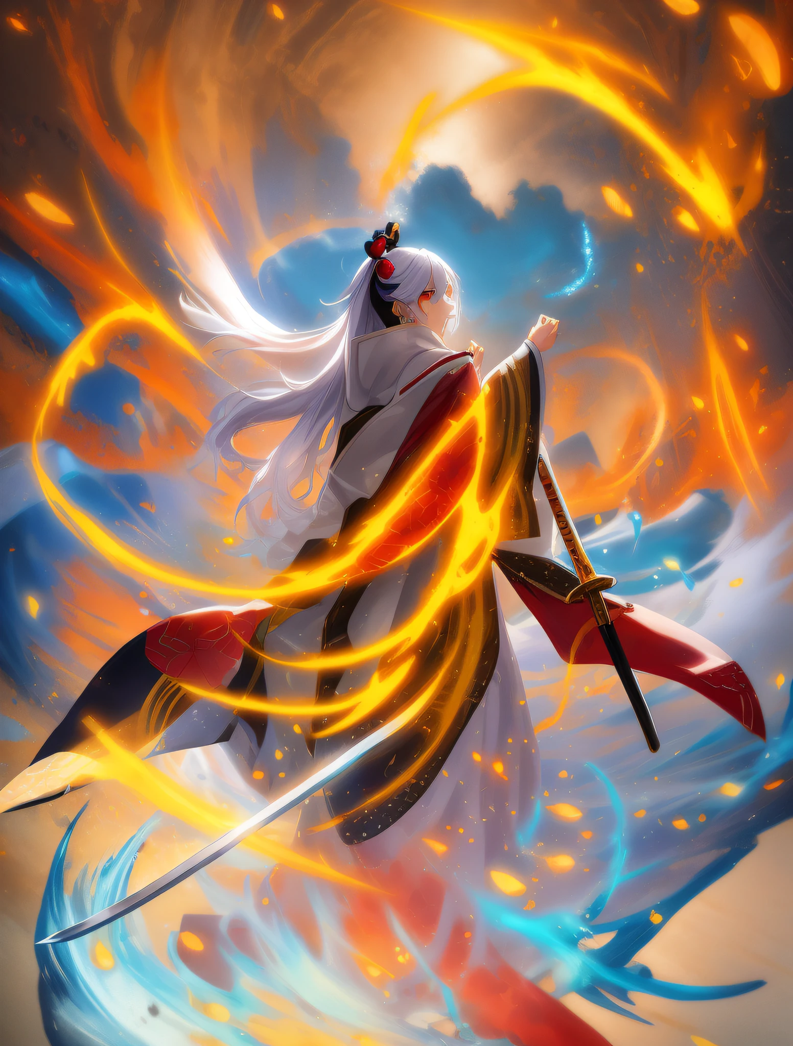 arafed image of a woman in a white robe and a sword in the clouds, onmyoji detailed art, by Yang J, flowing white robes, anime epic artwork, 2. 5 d cgi anime fantasy artwork, onmyoji, anime fantasy artwork, xianxia fantasy, beautiful digital artwork, anime fantasy illustration, cgsociety and fenghua zhong