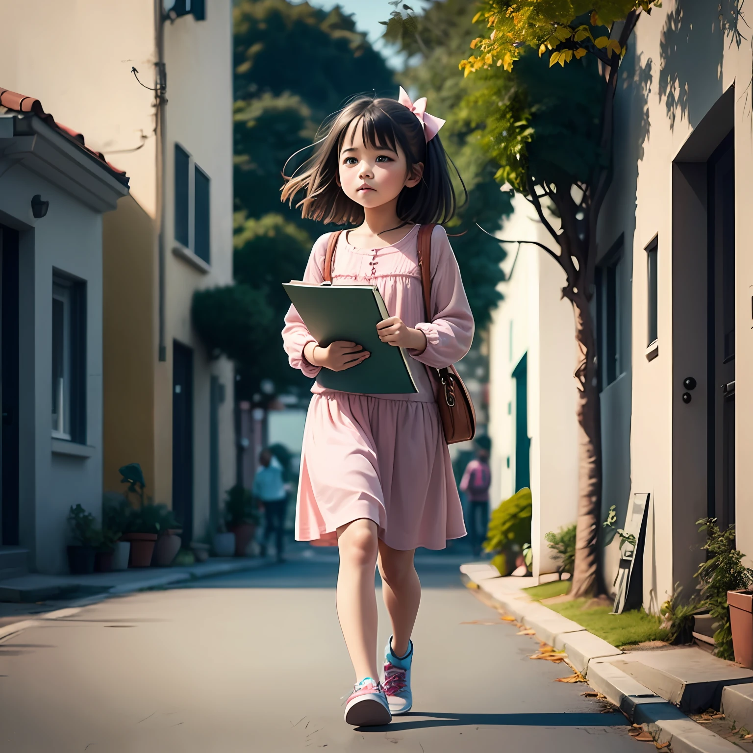 Create a cuddled girl with her books by strolling down the street