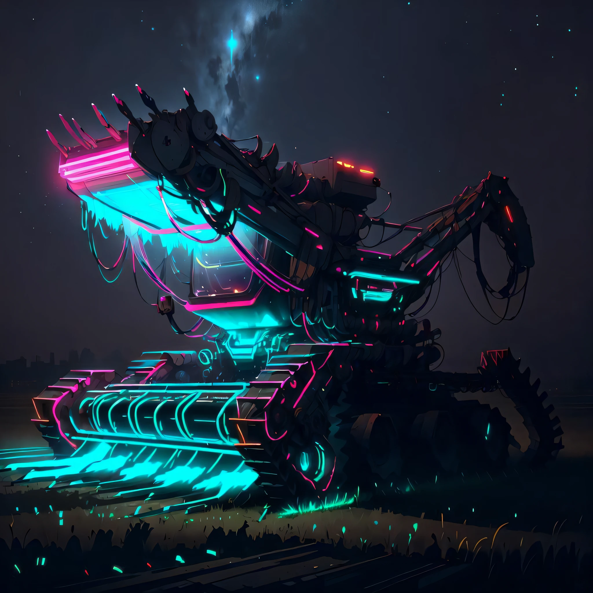 CyberPunkAI neon combine harvester on field , night sky
