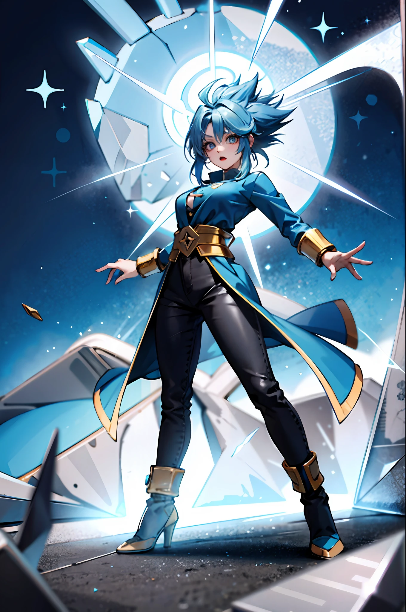 Super Saiyan, blue-haired beauty, full body picture, surrounded by light blue cold tones, surrounded by a broken prism