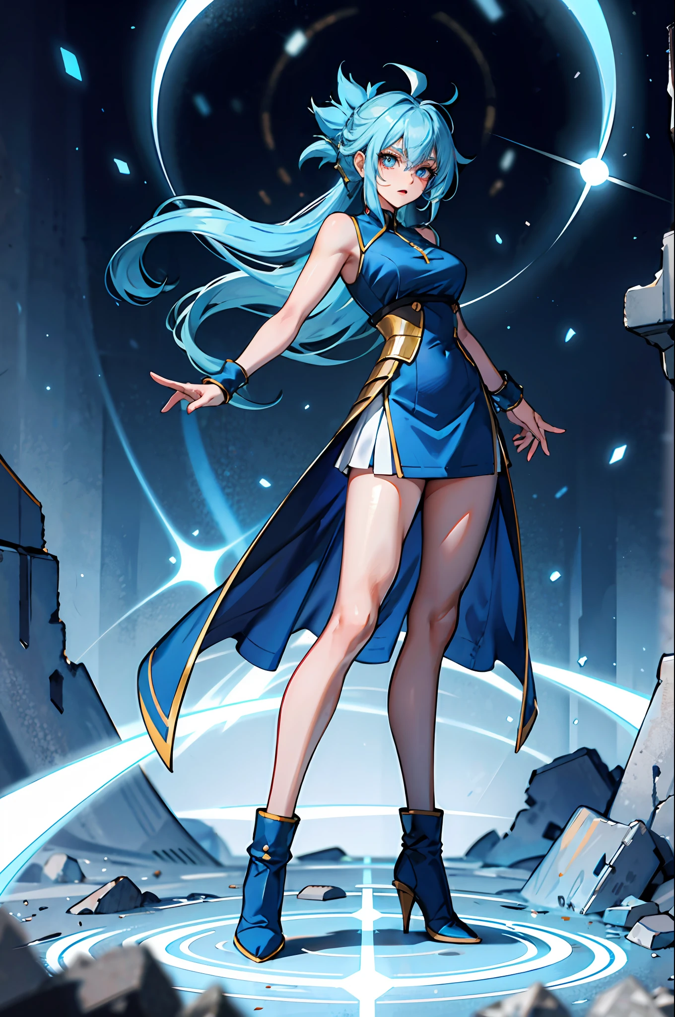 Super Saiyan, blue-haired beauty, full body picture, surrounded by light blue cold tones, surrounded by a broken prism