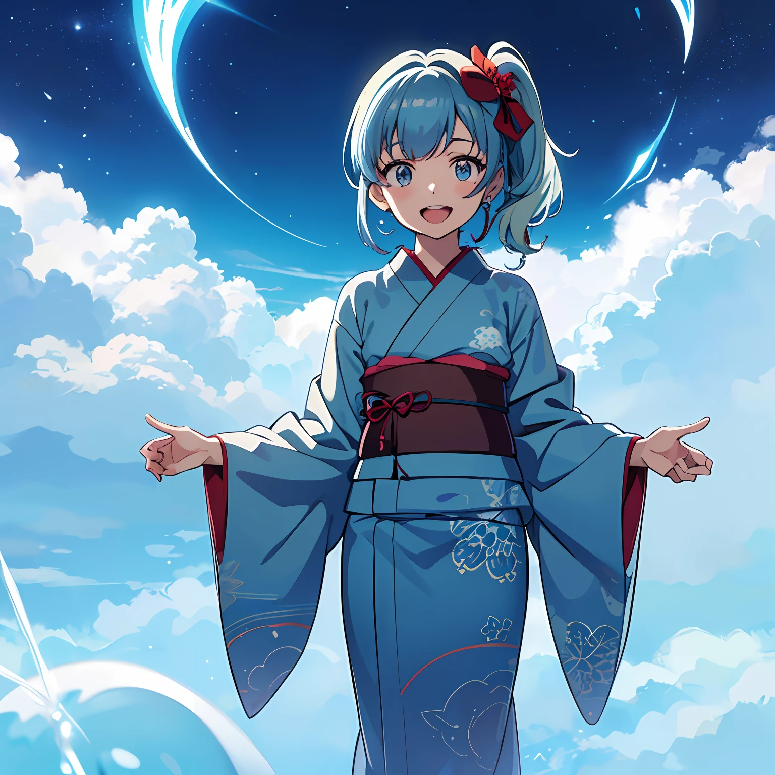 masterpiece, (Best Quality:1.4),(Perfect Anatomy:1.4), High Quality, very_high_resolution, Super Detailed, One Beautiful Girl, Solo, Anime Character With Paper Mask on Head, Rimuru, Full Body in Costume, Live2D Virtual YouTuber Model, Full Face Shot of Rimuru Tempest, Magic School Student Uniform, Anime VTuber Full Body Model, 2D Anime, Anime Character, Tensei Shiraku Raim Dattaken, 2D Anime Style, Yukata, {heterochromia,pale blue eyes,pale green eyes:1.5}, silhouette of star eyes, standing figure, happy, :d, (chibi:0.8), BREAK, (( Pale blue hair, side ponytail of left:1.5)), fine hair, wearing Jinbei
