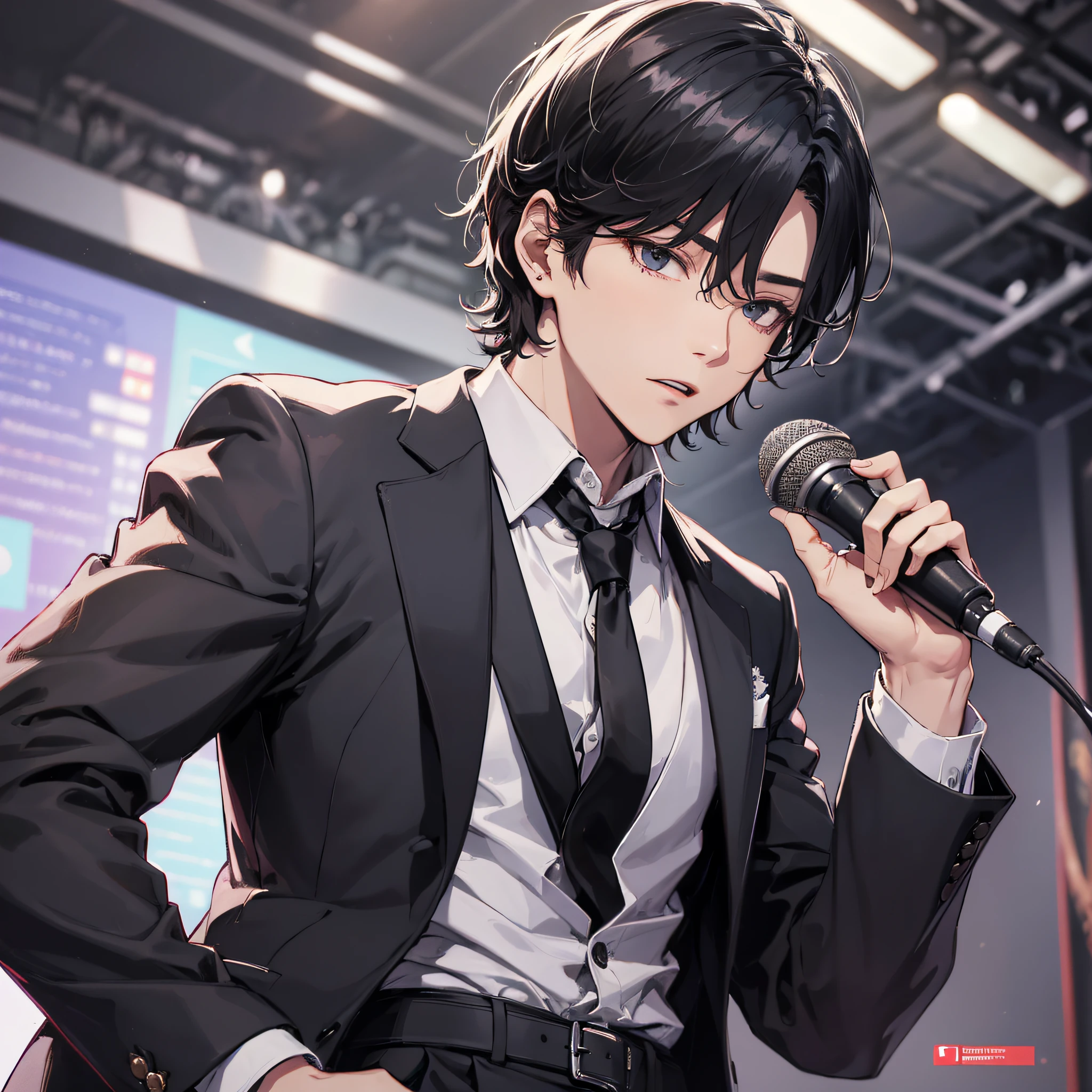 Absurd resolution, high resolution, (masterpiece: 1.4), hyper-detail, talk show stage, young man neatly short black hair, black suit, holding a microphone, serious expression
