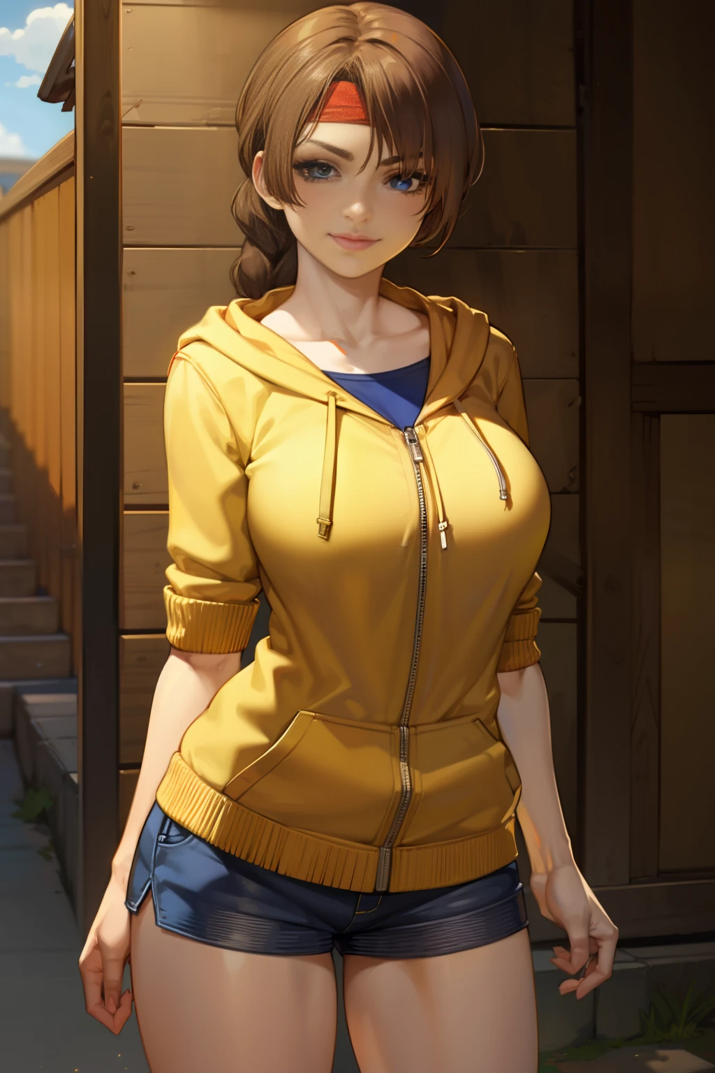 (Masterpiece, Best Quality:1.2), Solo, 1girl, Smirk, Looking at the Viewer, Realistic Eyes, bandana, long braid, Best Quality, Closed Mouth, Beautiful Lighting, Cinematic, 8K, Facial, Liner, Wooden Walls, Big Tits, Yellow Hoodie, Short Shorts, Wide Thighs, Erotica