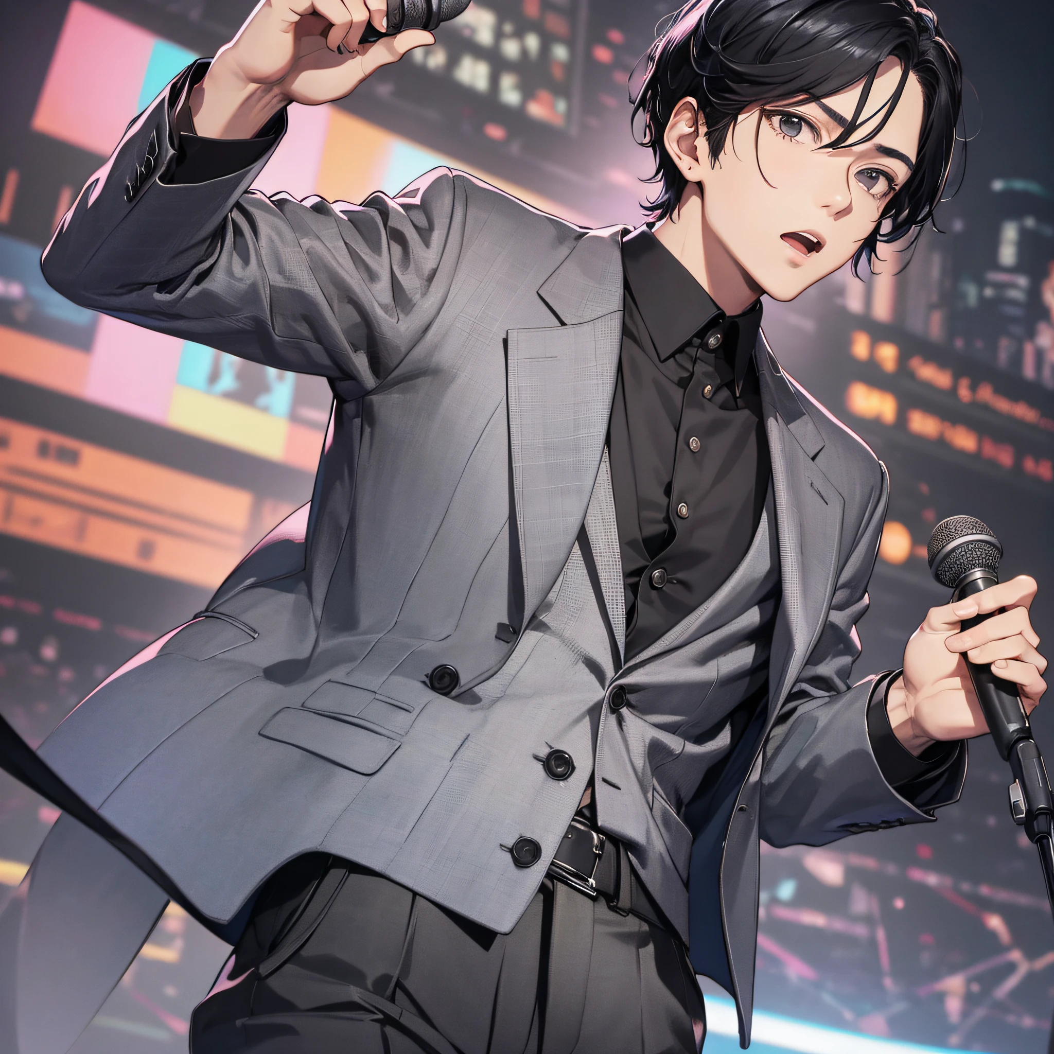 Absurd resolution, high resolution, (masterpiece: 1.4), hyper-detail, talk show stage, young man neatly short black hair, black suit, holding a microphone, serious expression