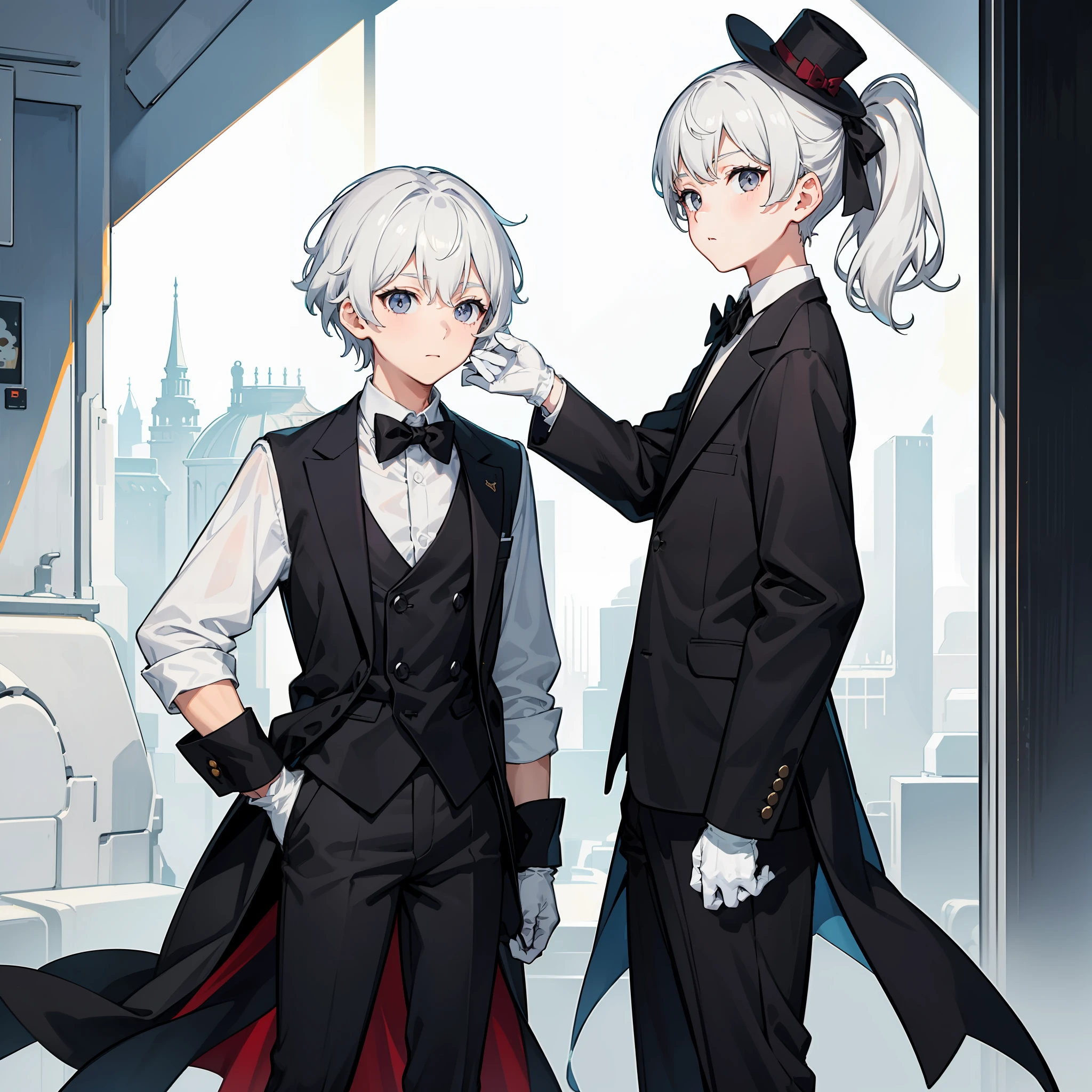 1boy, a little boy with gray eyes, white hair, short hair with a ponytail, wearing a black hat, a black shirt, a black bow tie, white gloves, British style, and a set