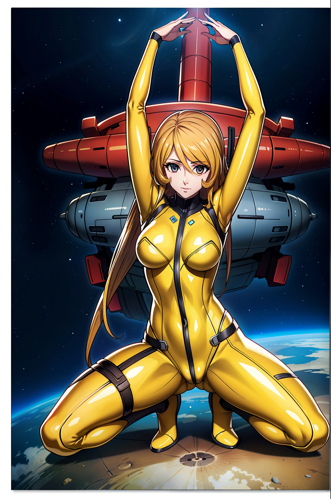 8K, 1girl, spaceship, bodysuit, transparent: 1.4, night, passage, space, big, hard, arms behind head, watch viewer, , solo focus, full body, (masterpiece: 1.4), (best quality: 1.4), (shiny skin), steamed body, crotch insertion, squatting, crotch open,