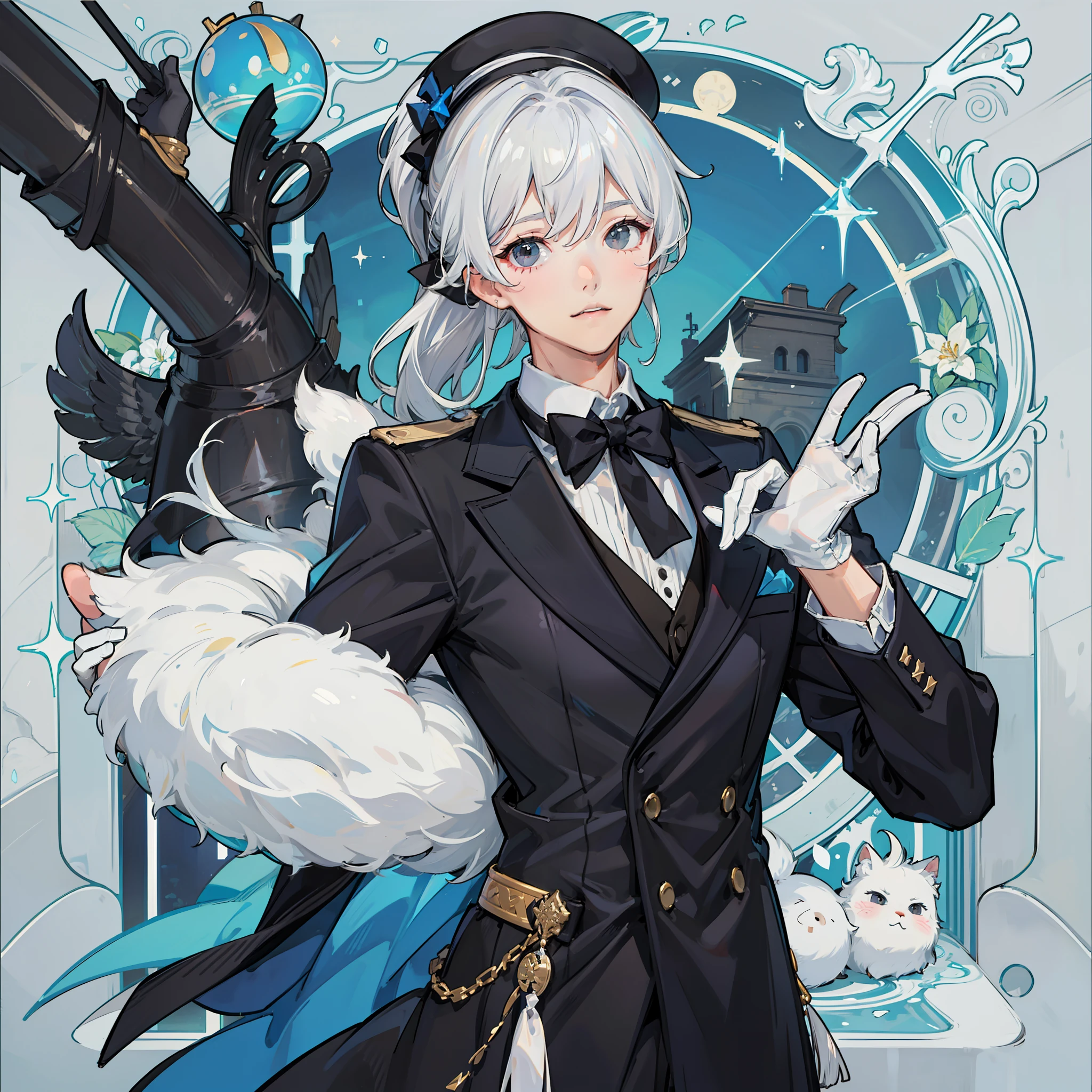 1boy, a little boy with gray eyes, white hair, short hair with a ponytail, wearing a black hat, a black shirt, a black bow tie, and white gloves, British style, cute