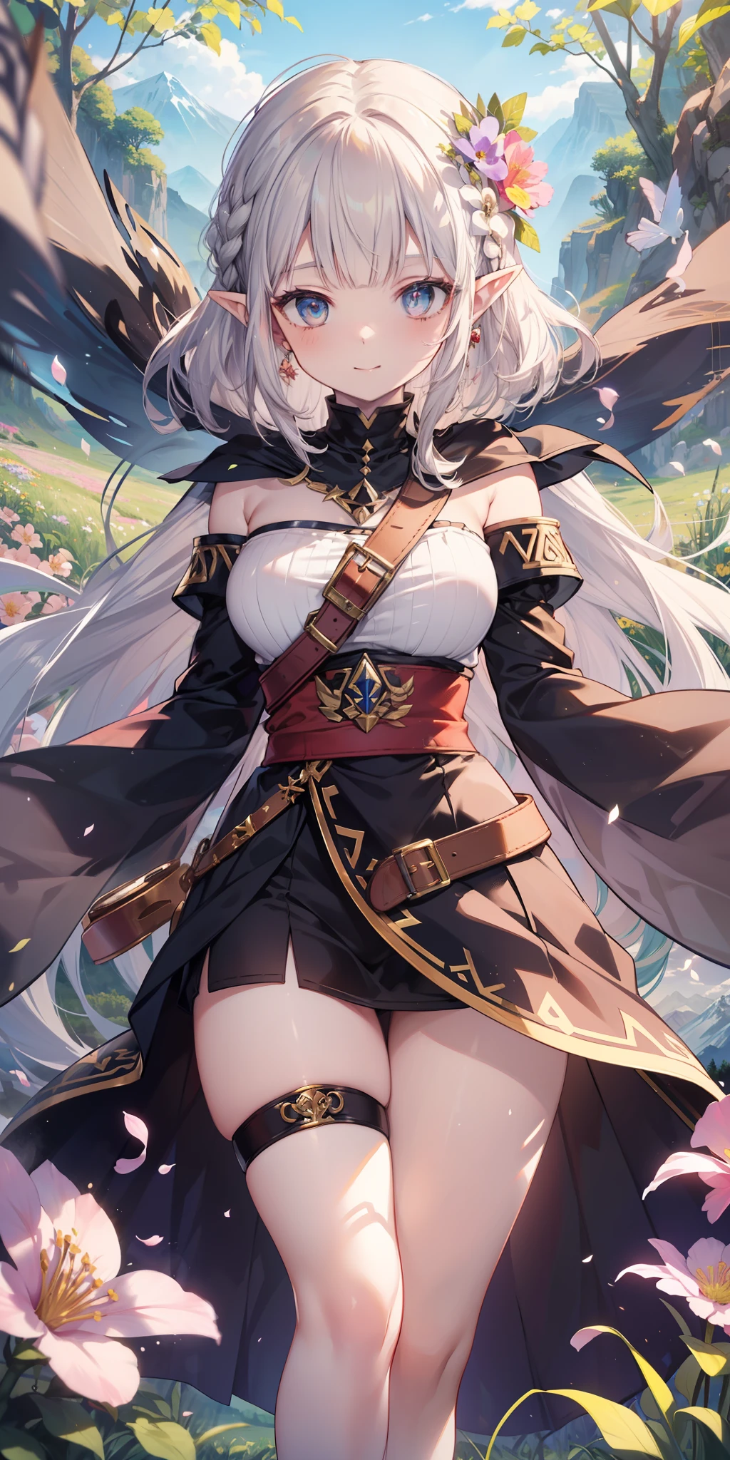 ((masterpiece)), ((best quality)), ((anime)) girl, ((princess character)
Zelda)), ((beautiful body)), pale skin, ((eyes)), eyebrow, ((ear)), happy, smile, hair, ((hair highlights effect)), ((outfit)), (arms), thin waist, ((thick legs)), ((big thigh)), standing, ((background scenery)), ((old world)), ((seeing)), ((hair swinging )), ((field of flowers)), ((mountain)), ((leaves flying)), ((beautiful day)), pov, ((viewer view)), ((want to hug)), (( ruddy)), lustful,