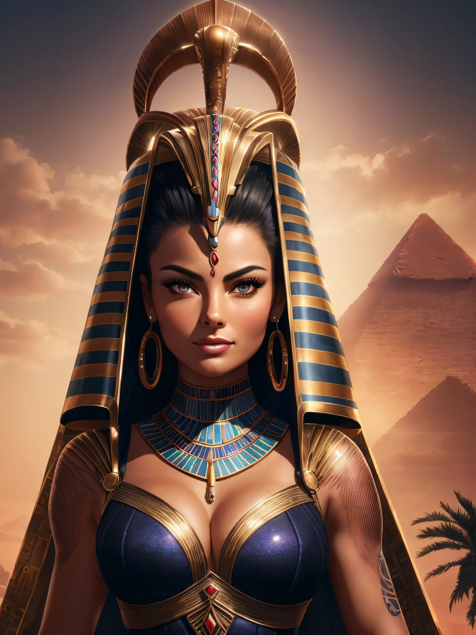 (extremely detailed wallpaper of the CG 8k unit), Egyptian woman (Carmen Electra), ultra detailed, perfect face, curly dark hair, in the setting of ancient Egypt, dark skin with a slight glow, twilight light slightly mind high, with Egyptian tattoo, mysterious look, and a slight smile on her face, (ultra detailed eyes).