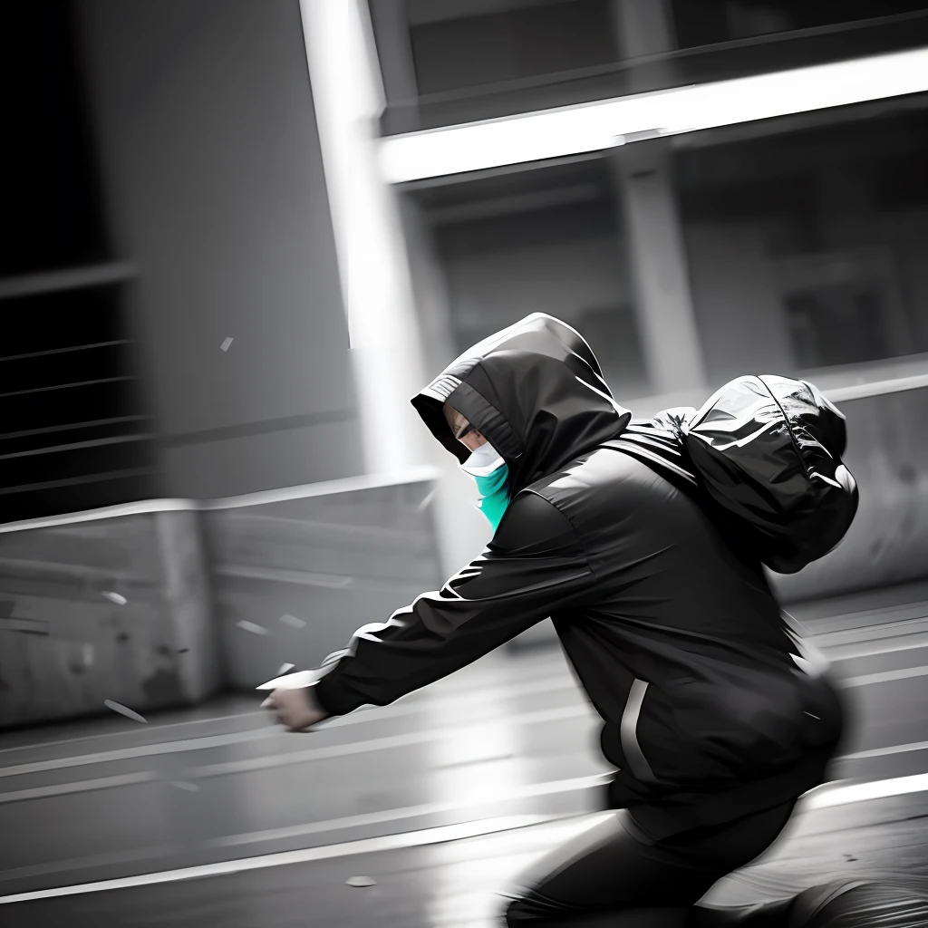 A photo of a person absconding, captured in motion. The photo is in black and white, with the person in focus and the background blurred, emphasizing their movement. The person is wearing a hooded jacket, with only their eyes visible, adding to the mystery and intrigue of the photo. —c 10 —ar 2:3 --auto --s2