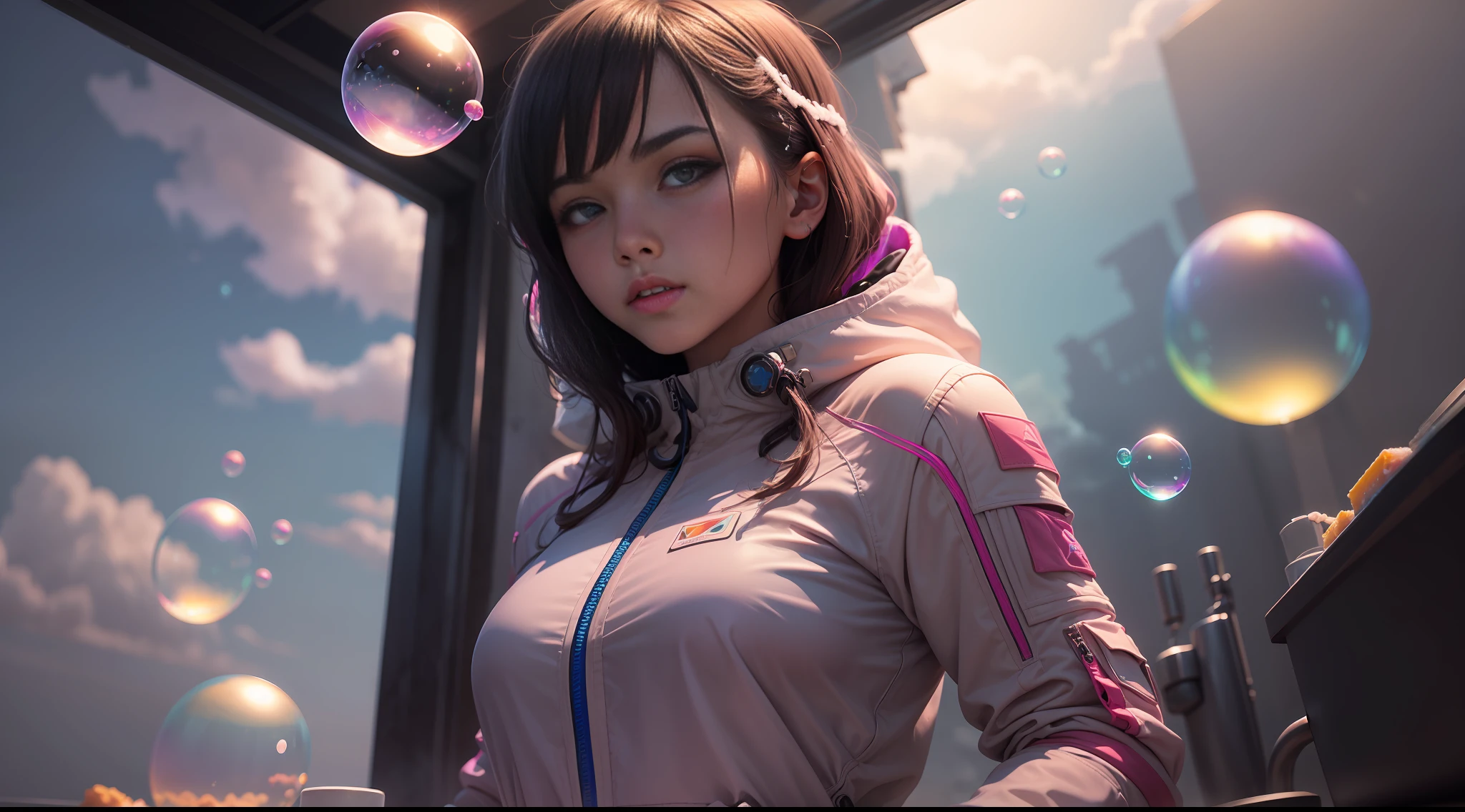 hd masterpiece, one standing woman space cadet looking at camera, detailed face, mid shot, pink suit, ((colorful clouds)) and (((neon soap bubbles))), jungles background