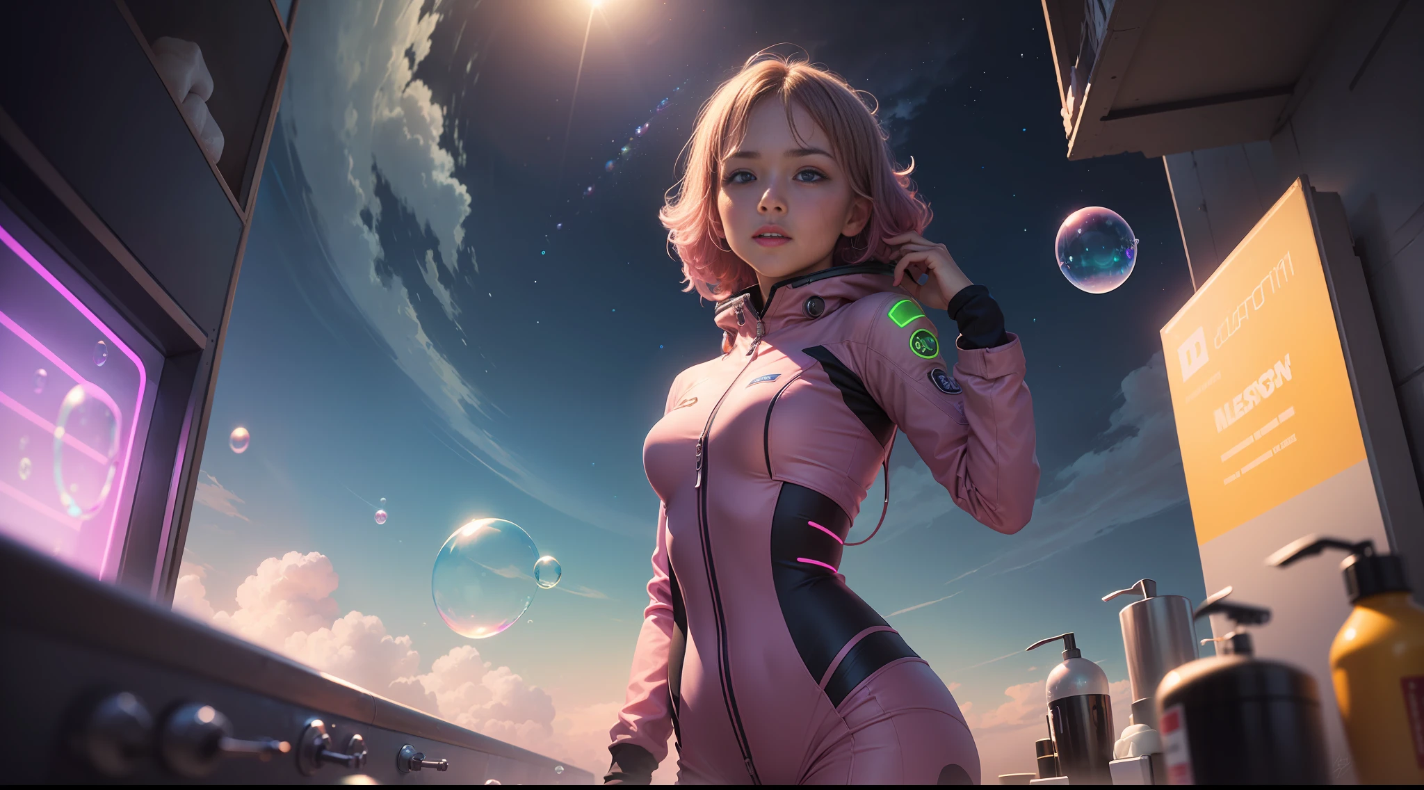 hd masterpiece, one standing woman space cadet looking at camera, detailed face, mid shot, pink suit, ((colorful clouds)) and (((neon soap bubbles))), jungles background