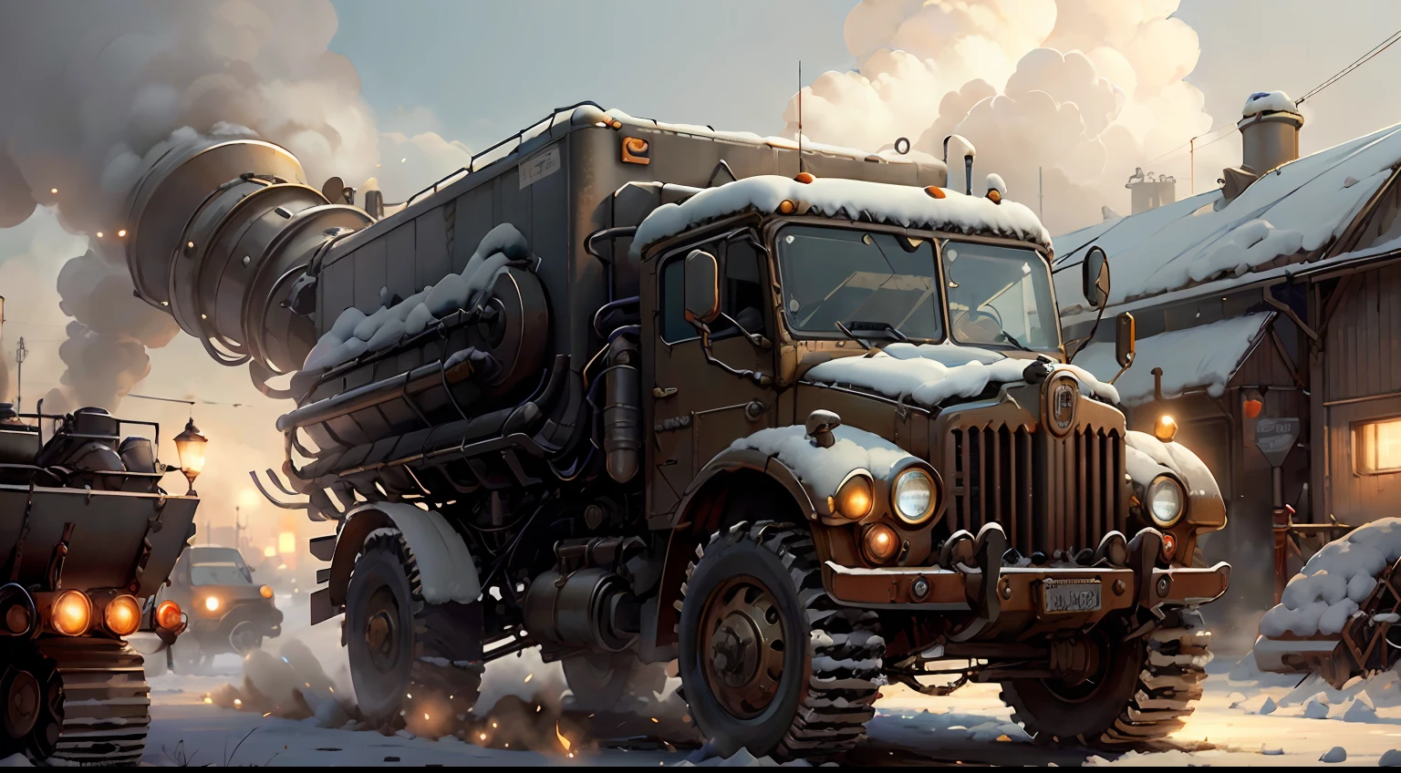 Steampunk AI a military truck.set in a industrial snowy scene in amazing detail. Dynamic lighting. Digital art.