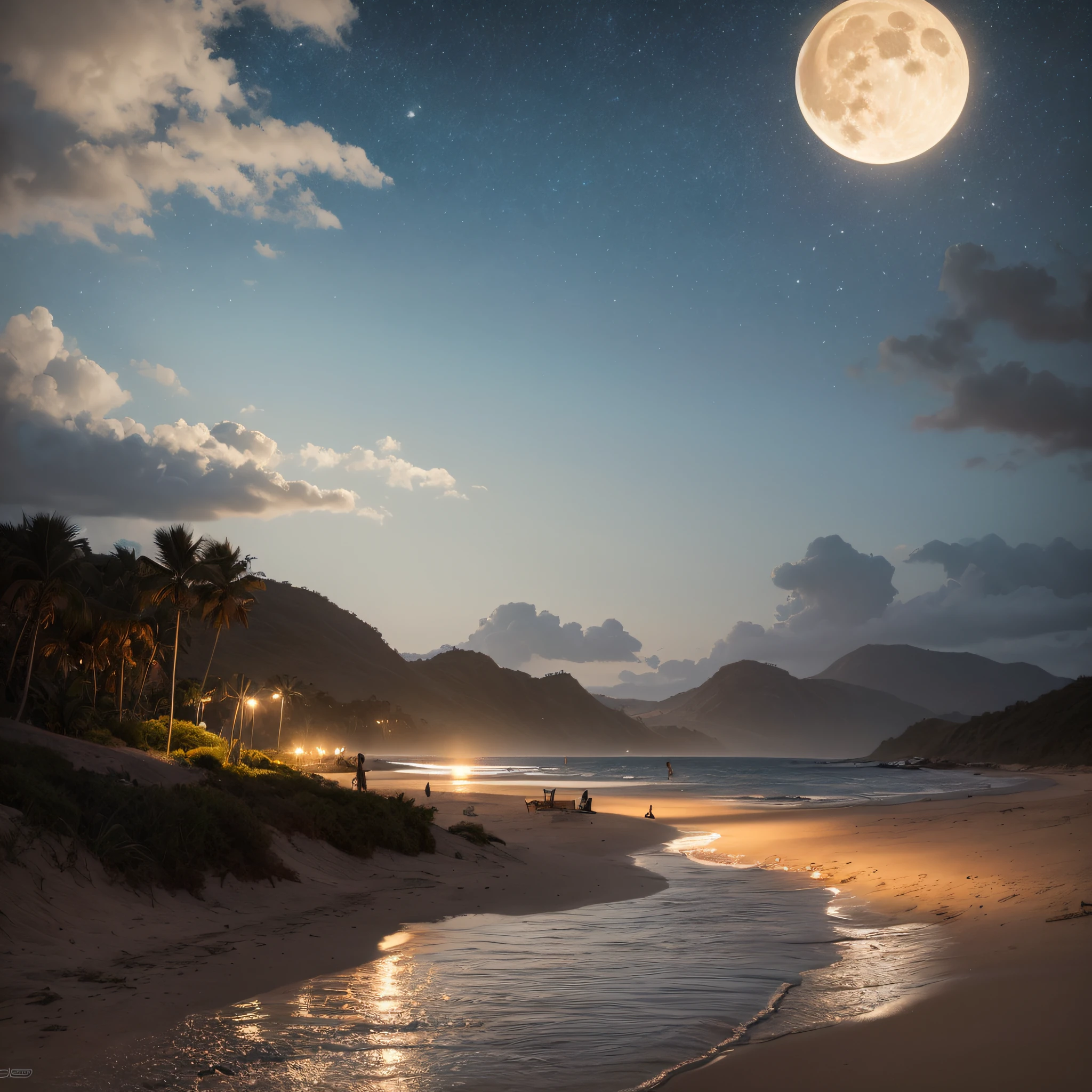 A beach on a night with a full moon. Highly detailed. digital painting, artstation, concept art, soft focus, sharp, illustration