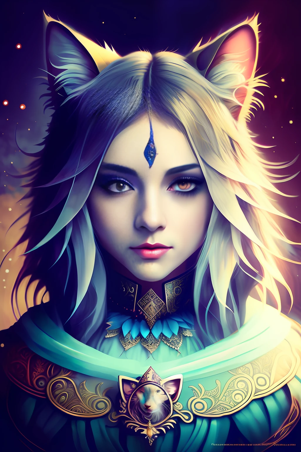 a close up of a woman with a cat's head and a necklace, beautiful fantasy art portrait, stunning digital illustration, beautiful fantasy portrait, gorgeous digital art, stunning anime face portrait, epic fantasy art style hd, fantasy art portrait, detailed fantasy digital art, digital fantasy portrait, detailed matte fantasy portrait, fantasy art style, fantasy style art, digital fantasy art )