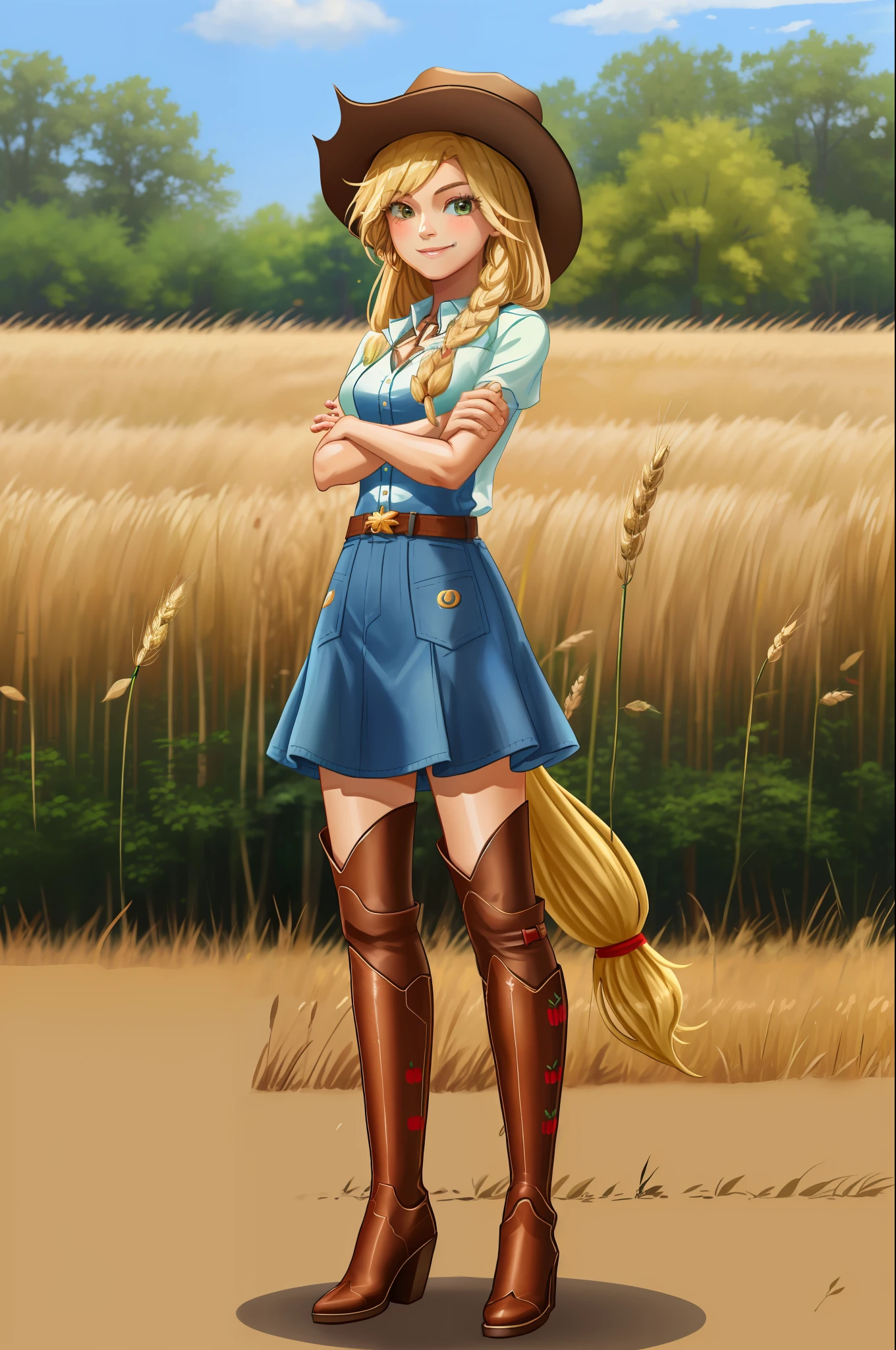 (masterpiece, best quality:1.2), cowboy shot, solo, 1girl, mlpapplejack, smile, looking at viewer, crossed arms, low-tied long hair, cowboy hat, shirt, short sleeves, denim dress, wheat field, full body, thigh high boots, high heeled boots