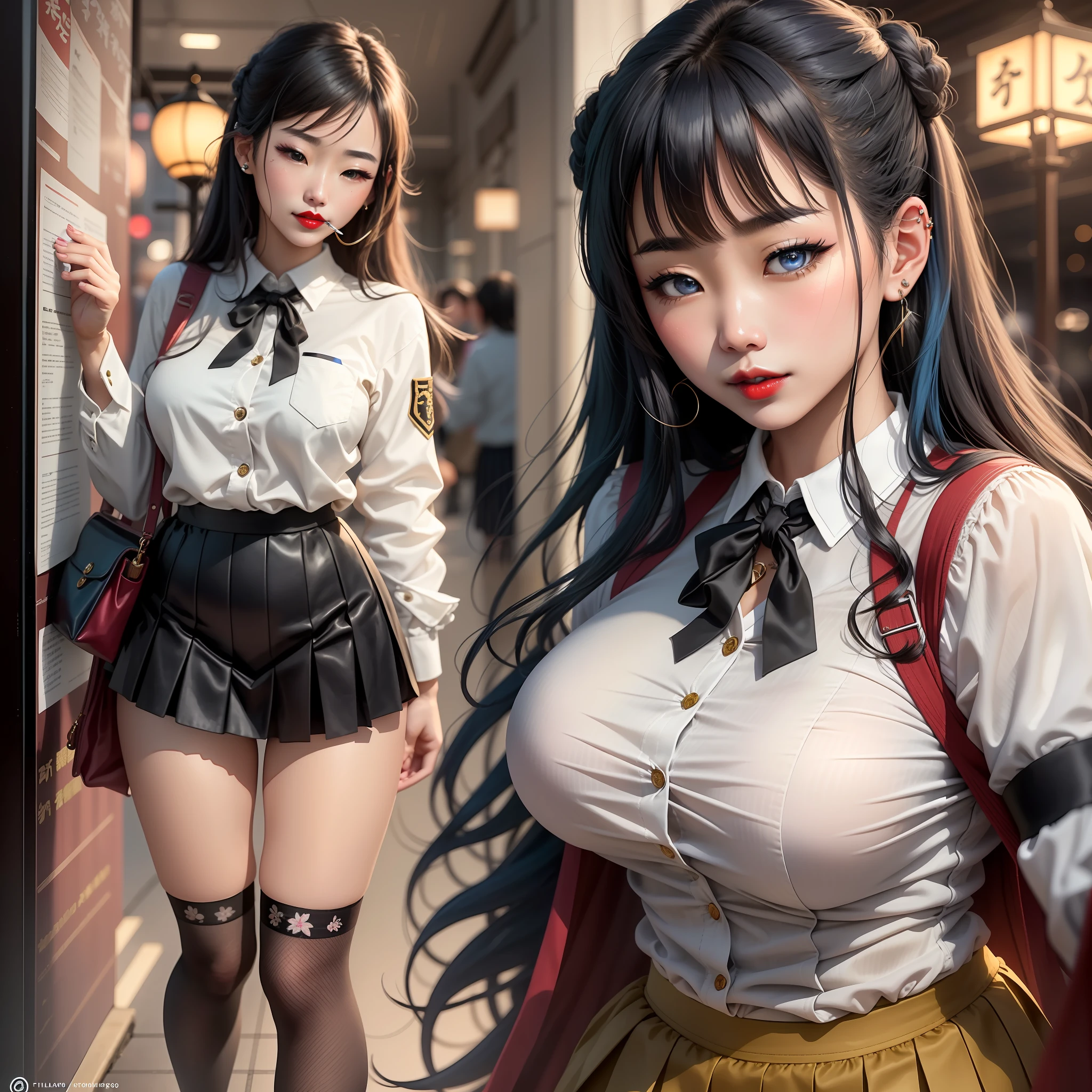 In the great square of Japan, there are Japanese women with tall and bright beauty. She wears lacy socks and wears a pleated black skirt in school uniform. The skirt has a black stripe on the hem, creating an elegant atmosphere in the style of a uniform. Her hair is black and long, her beautiful eyes are blue, meticulously drawn in the smallest detail. In the mouth there are red lips, and along with the full breasts, her face is beautifully painted in detail. There's a pin in her left ear and a pin in her nose, ((big ass))lit by cinematic lighting, as if she's a beautiful woman with cinematic quality.
