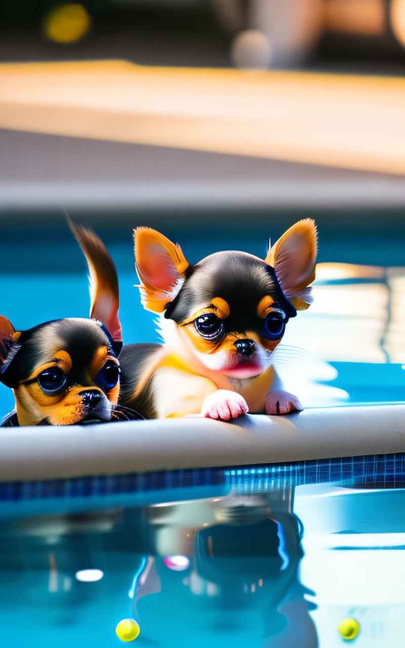 hyper Quality,Cute two Chihuahua puppies,different body colors,swimming in the pool,barking,narrow eyes,smile,eos r3 28mm
