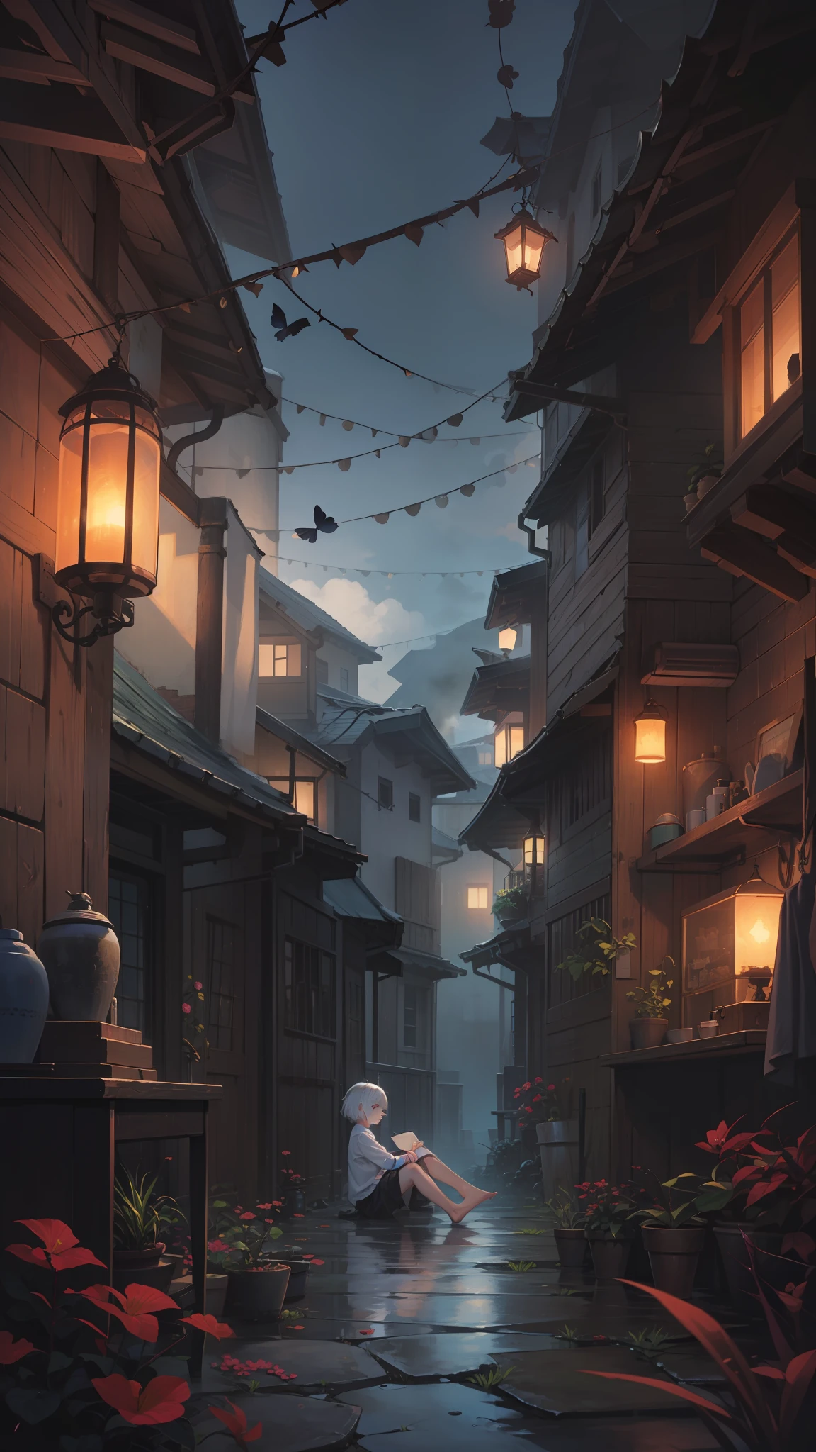 (8k), short hair, white hair, barefoot small shota, sitting in a birdcage, wide angle, mist light, (thorns: 1.1), (black butterfly: 1.25), more details, top light, 2D