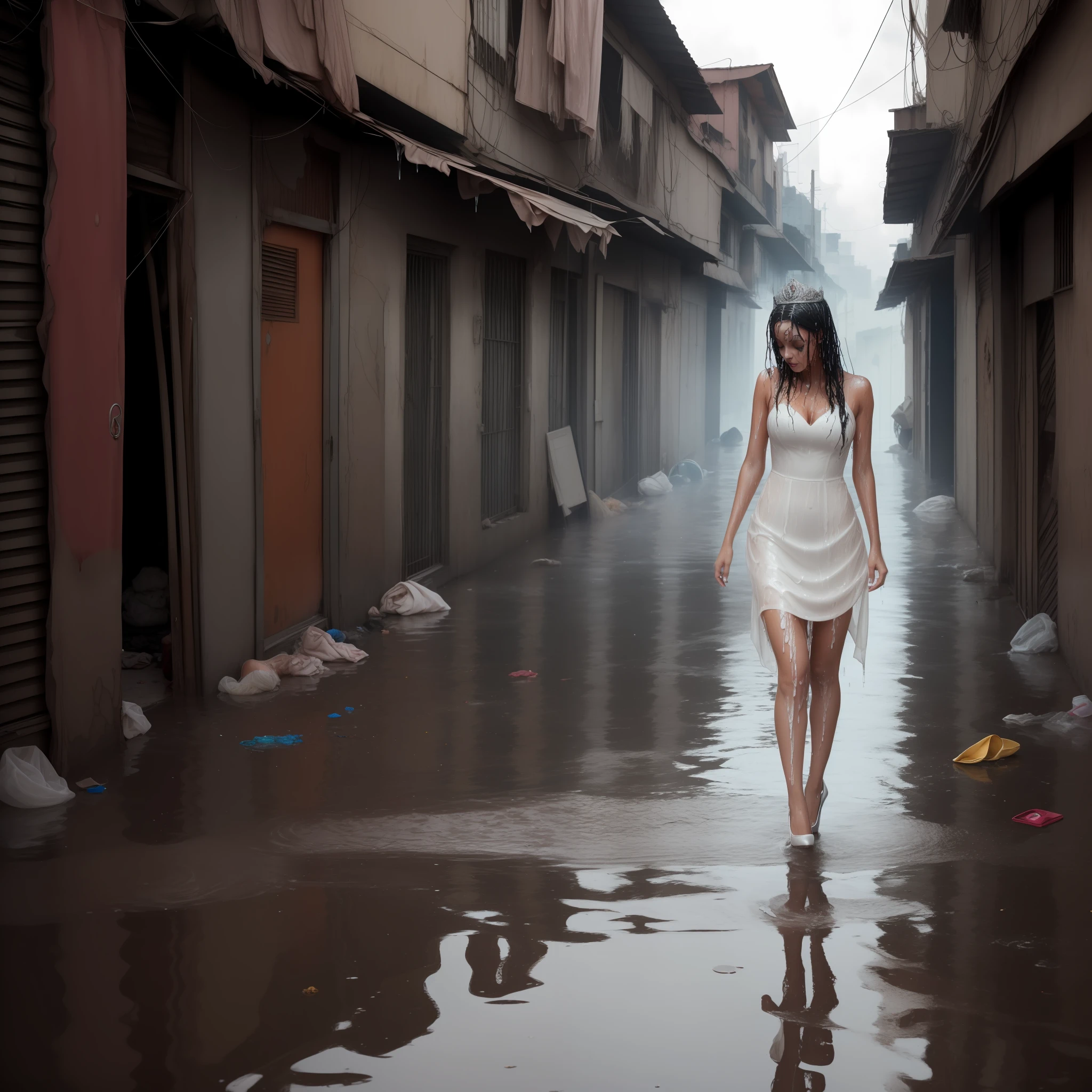 Fallen princess hiding in an alley, slum, dirty, wet, dripping, stained dress, ruined dress, royal jewelry, diamond jewelry, princess crown, royal ballgown, beautiful stiletto heels, stiletto heels, 8k, wet hair, wet dress (((drenched))) (((soaked)))