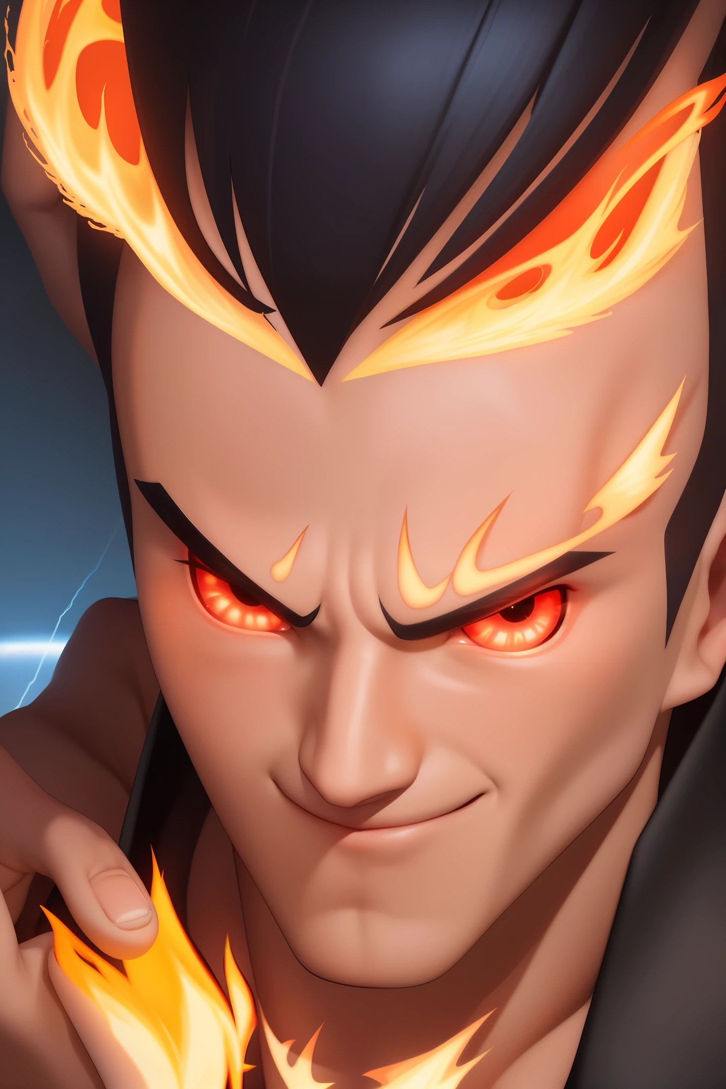 masterpiece, best quality, ultra-detailed, (golden hair on fire)Adult Goku 1boy, solo, full body, evil smile, golden hair, spiked hair, ((red eyes))), (((perfect eyes))), (((red dougi))), full body, looking at the viewer, male focus, earth \(planet\), planet, space, cracked ground and many rocks rising, lots of debris rising, perfect hands . Cute, angry (flames) (explosions), (powerful aura) (thunder and lightning) dragon back