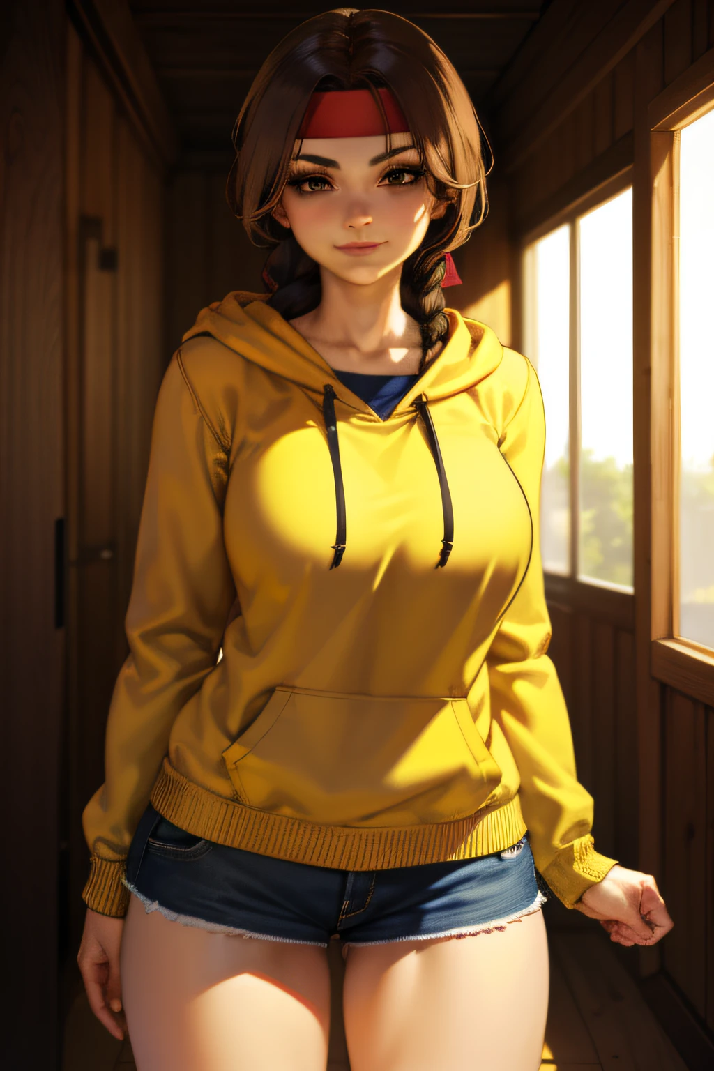 (Masterpiece, Best Quality:1.2), Solo, 1girl, Smirk, Looking at the Viewer, Realistic Eyes, bandana, long braid, Best Quality, Closed Mouth, Beautiful Lighting, Cinematic, 8K, Facial, Liner, Wooden Walls, Big Tits, Yellow Hoodie, Short Shorts, Wide Thighs, Erotica